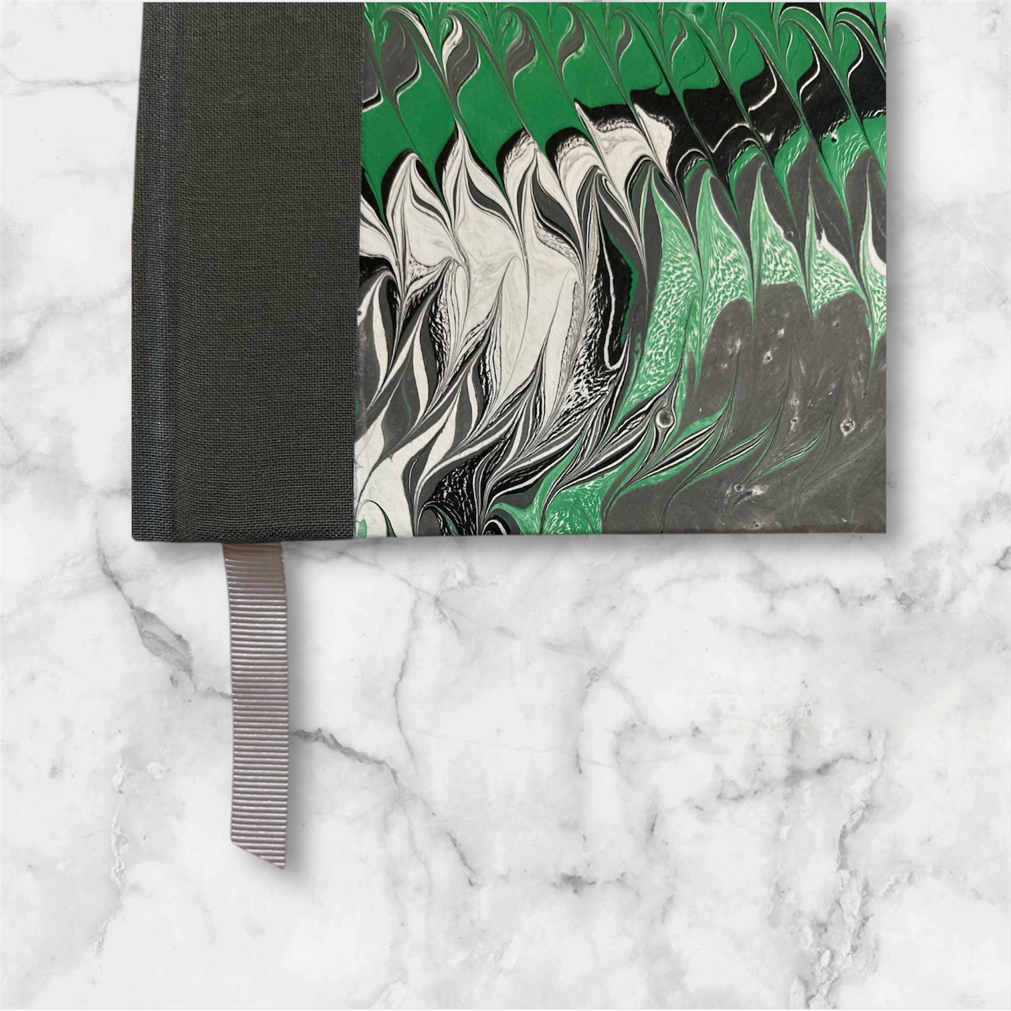 Marbled Notebook/Journal Hard Cover, Hand Made - Green and Grey A5