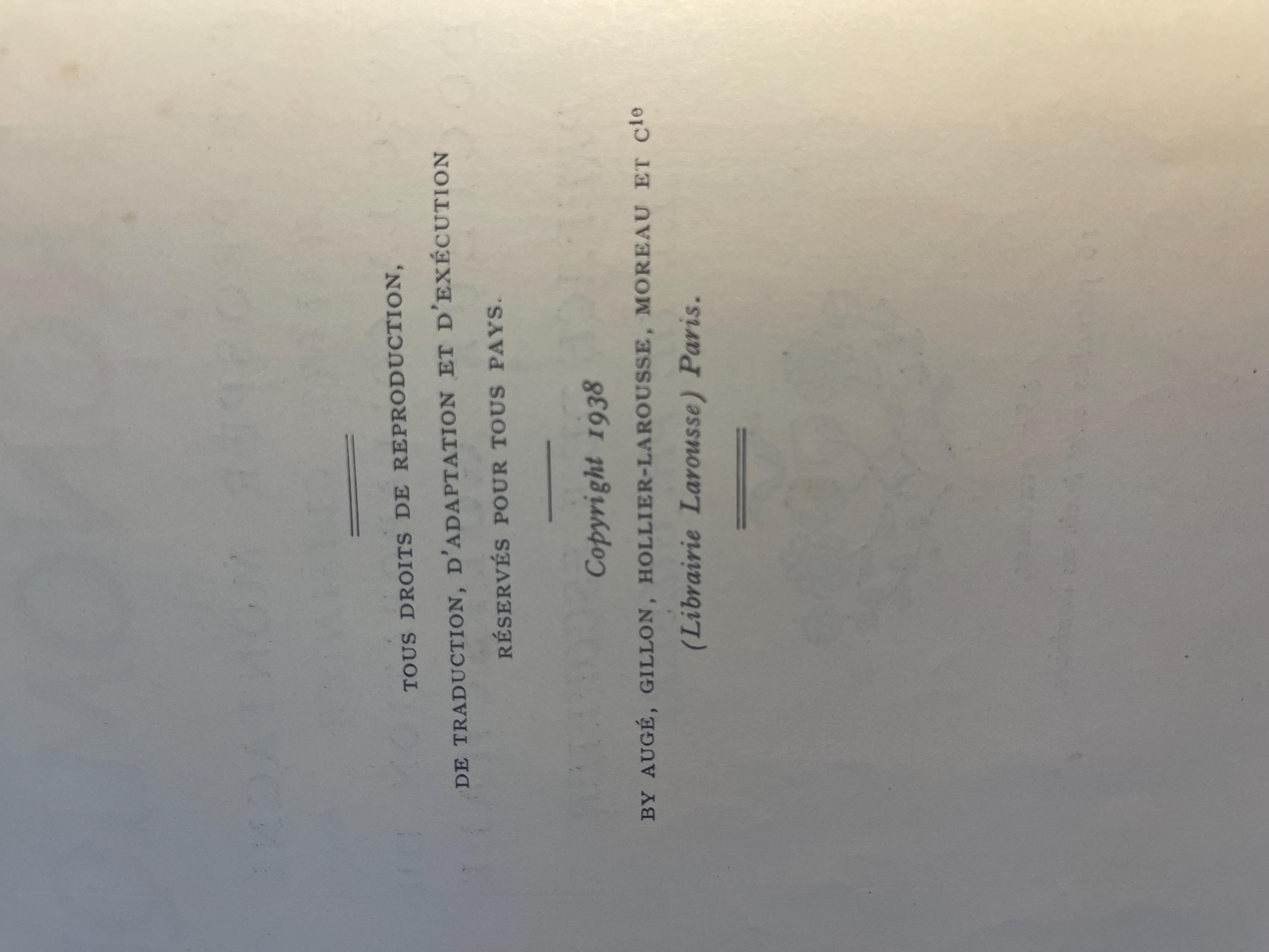 Larousse Gastronomique published in 1938 with leather spine and green marbled cover and end papers. Iconic piece of gastronomic history.