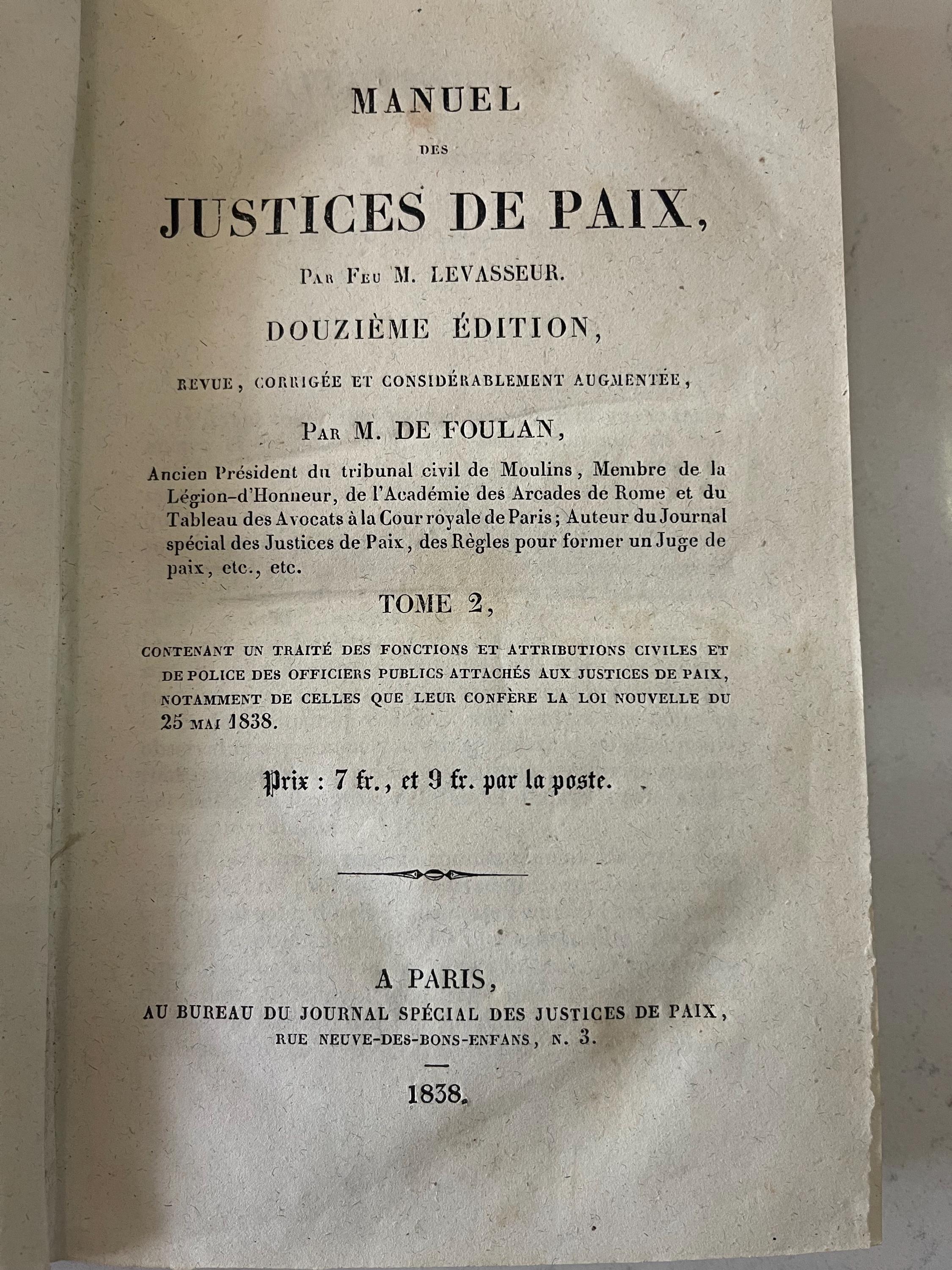 Antique French leather bound marbled book from 1838 - Manuel des Justices de Paix, Tome 2.