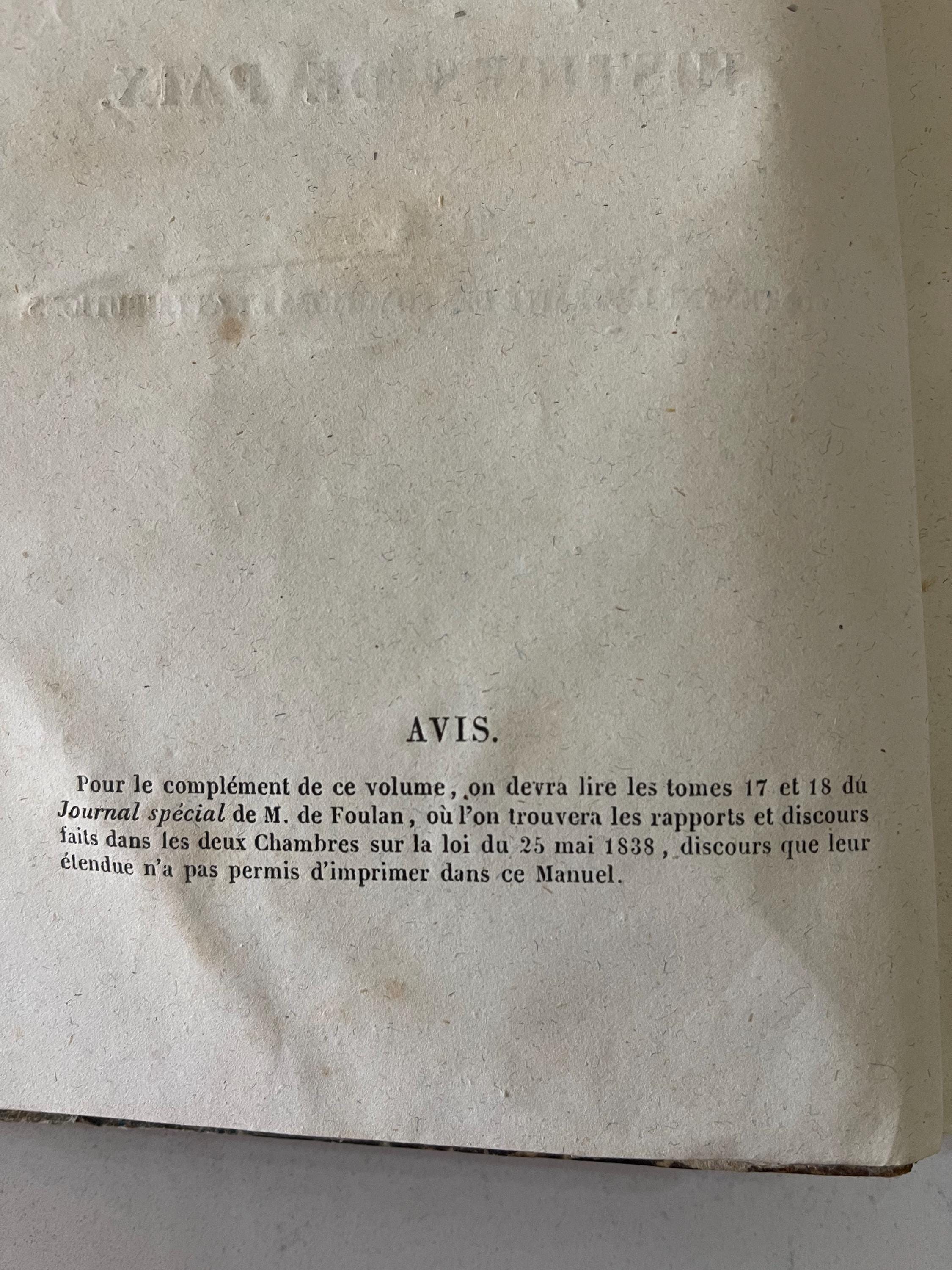 Antique French leather bound marbled book from 1838 - Manuel des Justices de Paix, Tome 2.
