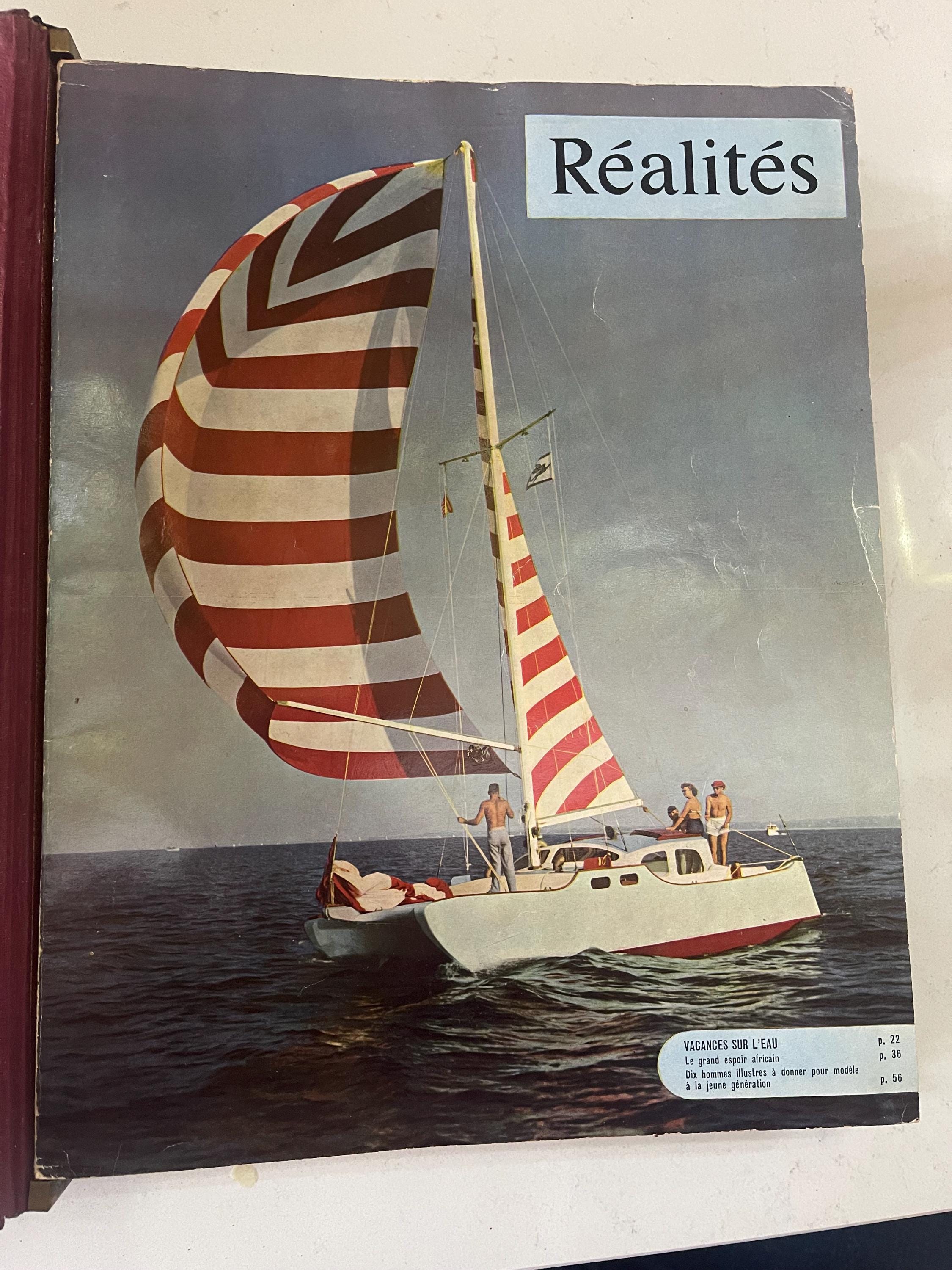 2 marbled, leather-bound volumes of 12 issues of the iconic French magazine Réalités dating from 1953.