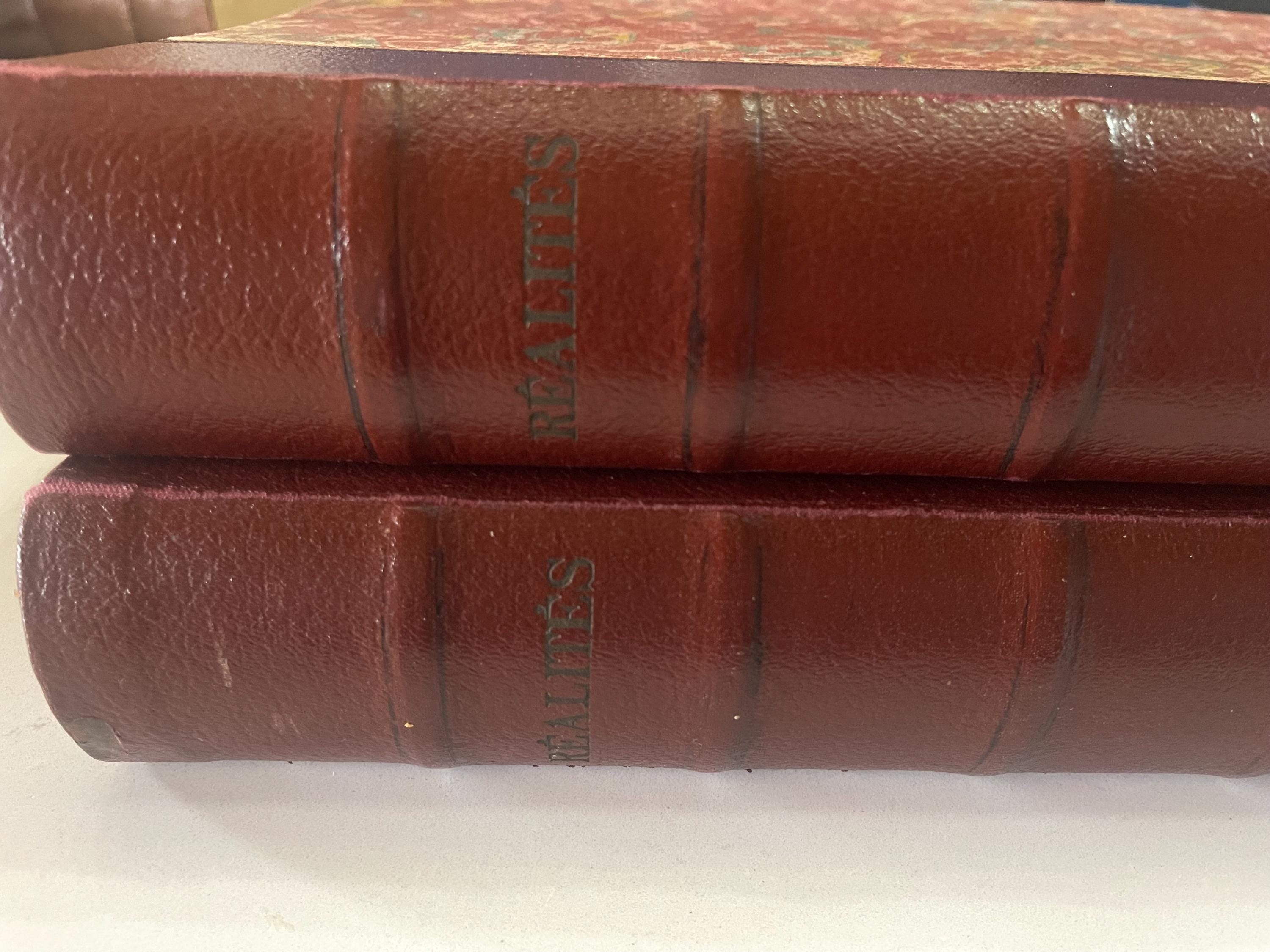 2 marbled, leather-bound volumes of 12 issues of the iconic French magazine Réalités dating from 1953.