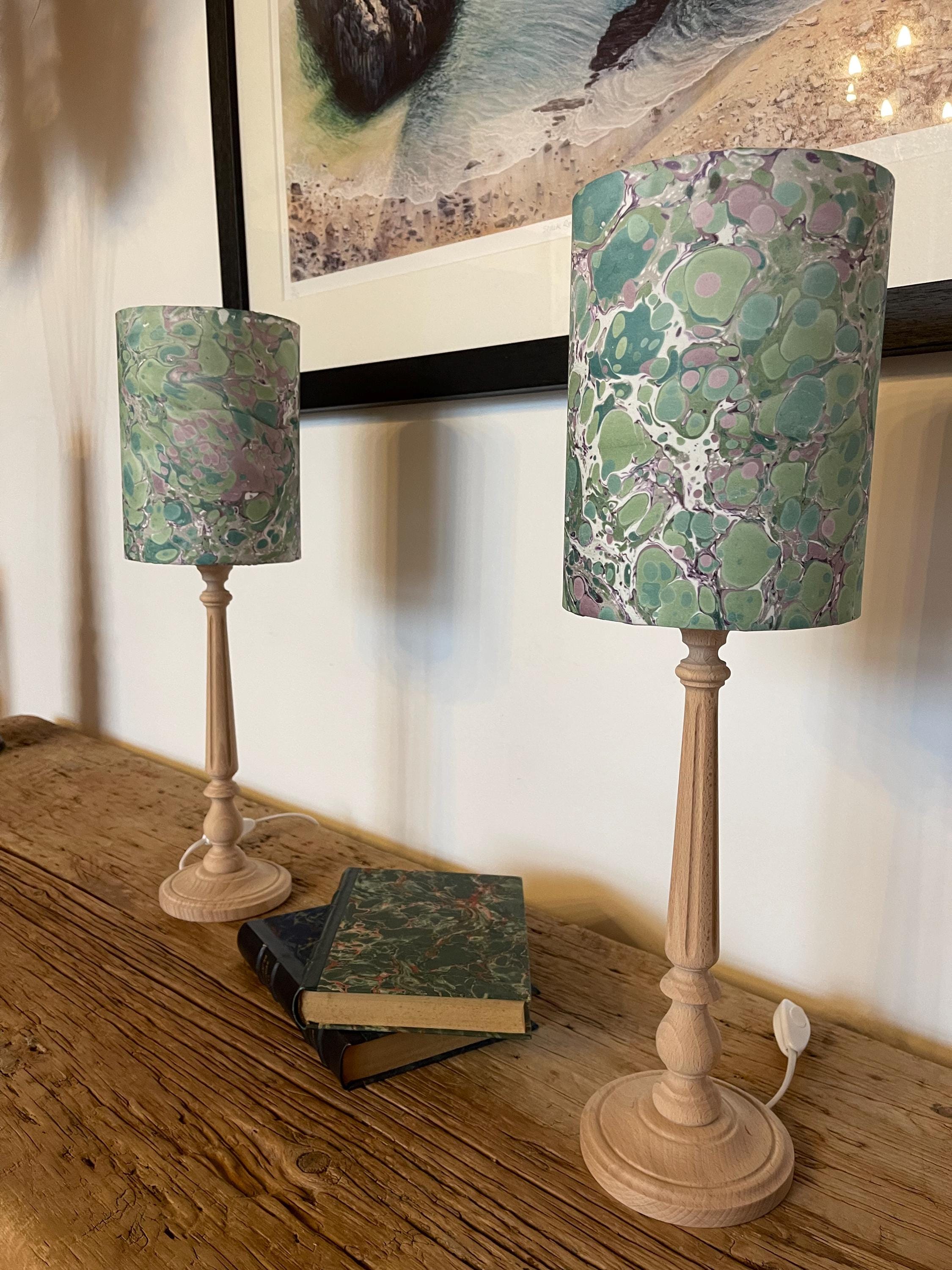 A pair of unique silk green and plum hand marbled drum table lampshades ideal as table or bedside lamps
