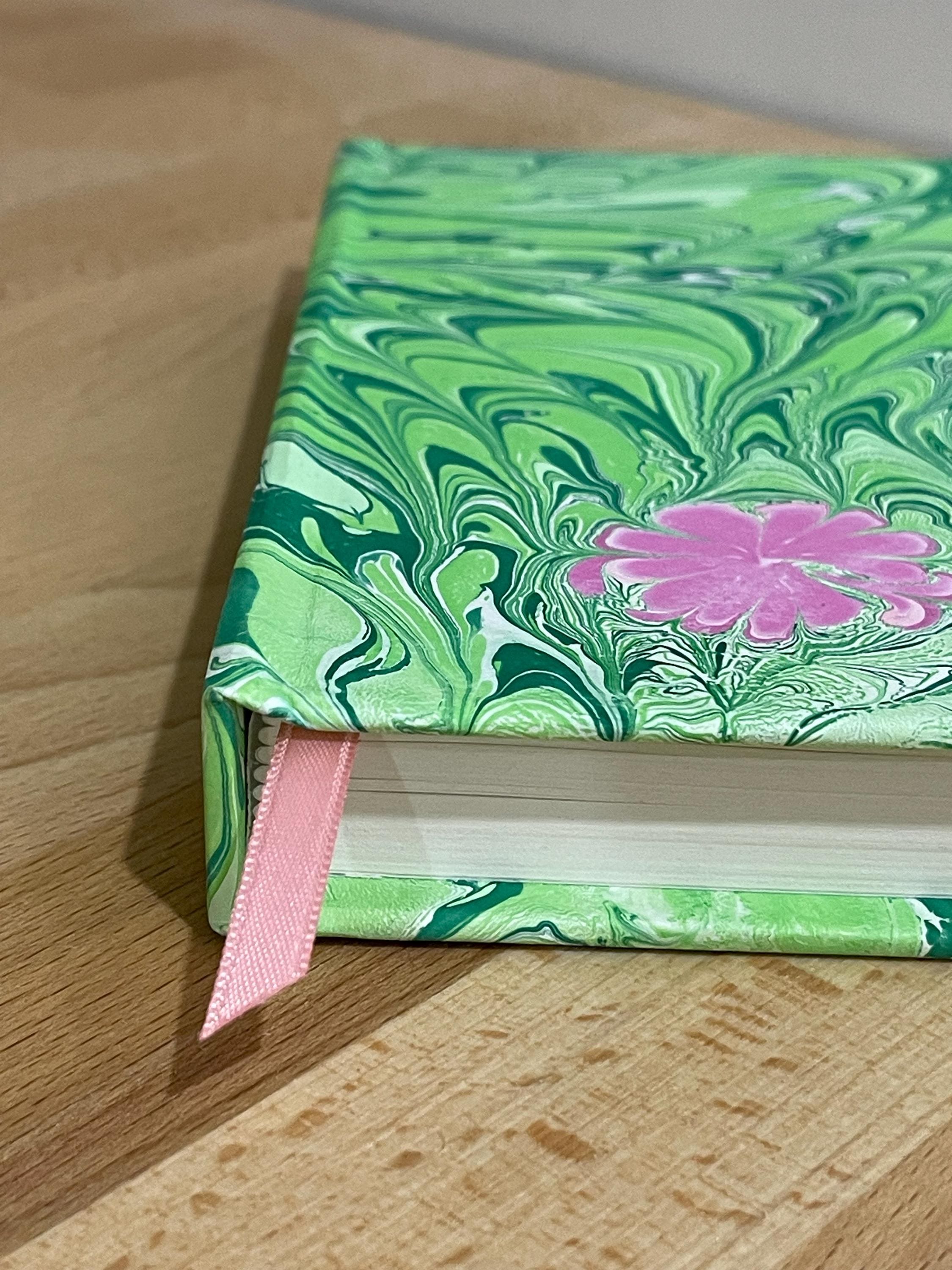 Hand marbled/painted flower notebook journal in green and pink with pink book mark and recycled white lined pages