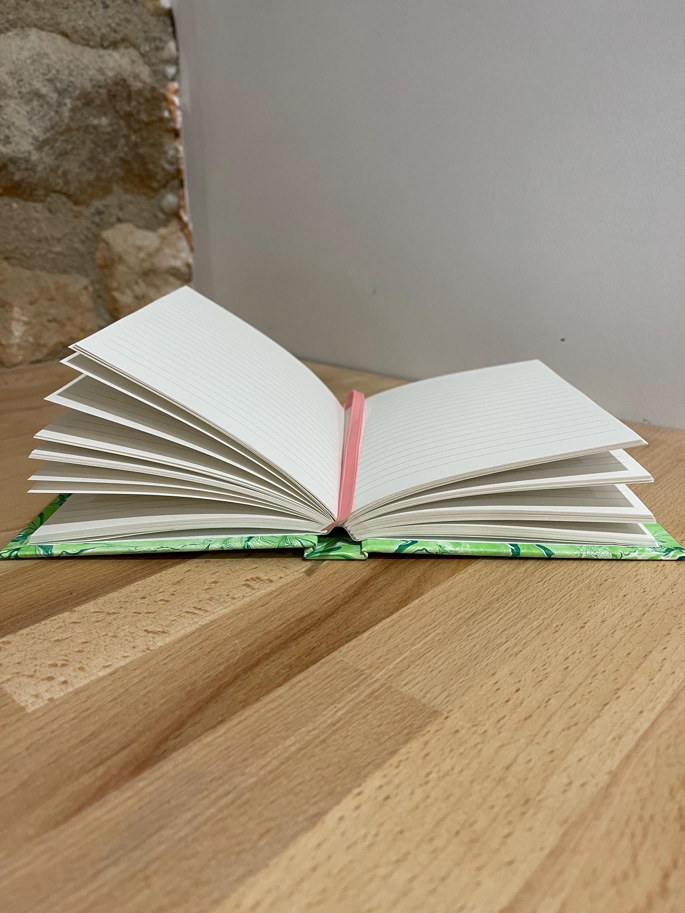 Hand marbled/painted flower notebook journal in green and pink with pink book mark and recycled white lined pages