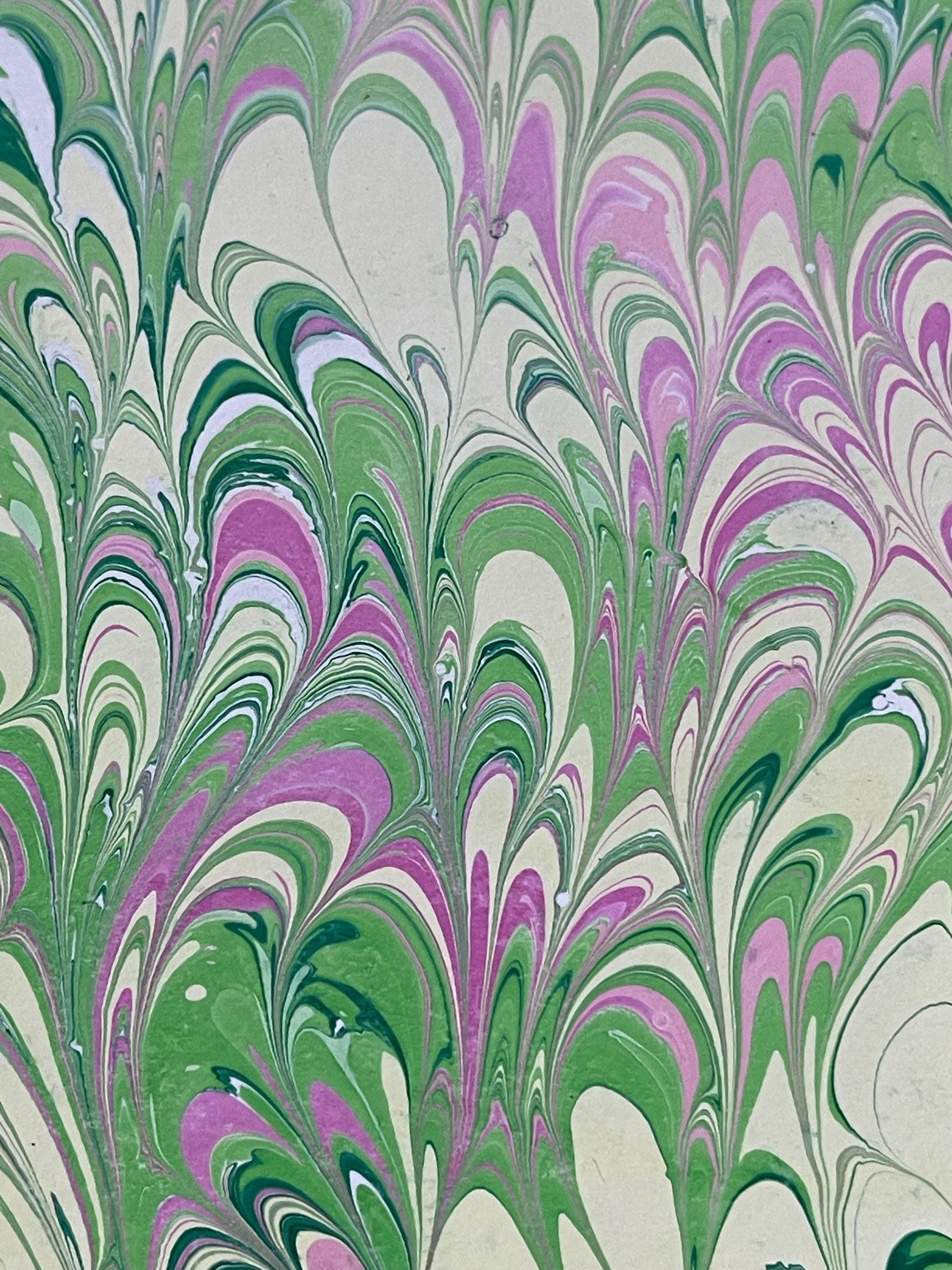 Notebook / Journal hand marbled/painted in a green, yellow and pink pattern with a pink book mark and recycled white lined pages