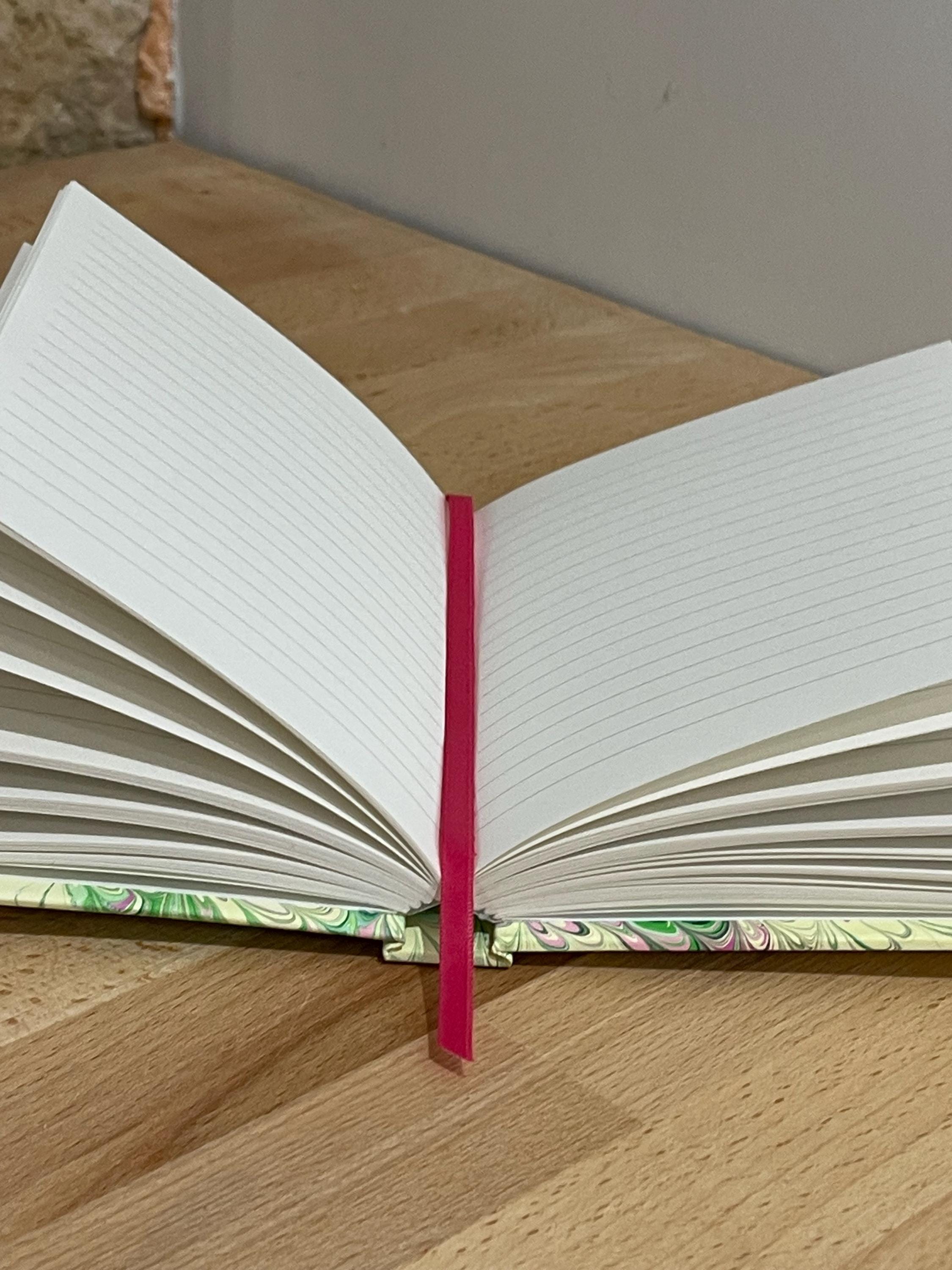 Notebook / Journal hand marbled/painted in a green, yellow and pink pattern with a pink book mark and recycled white lined pages