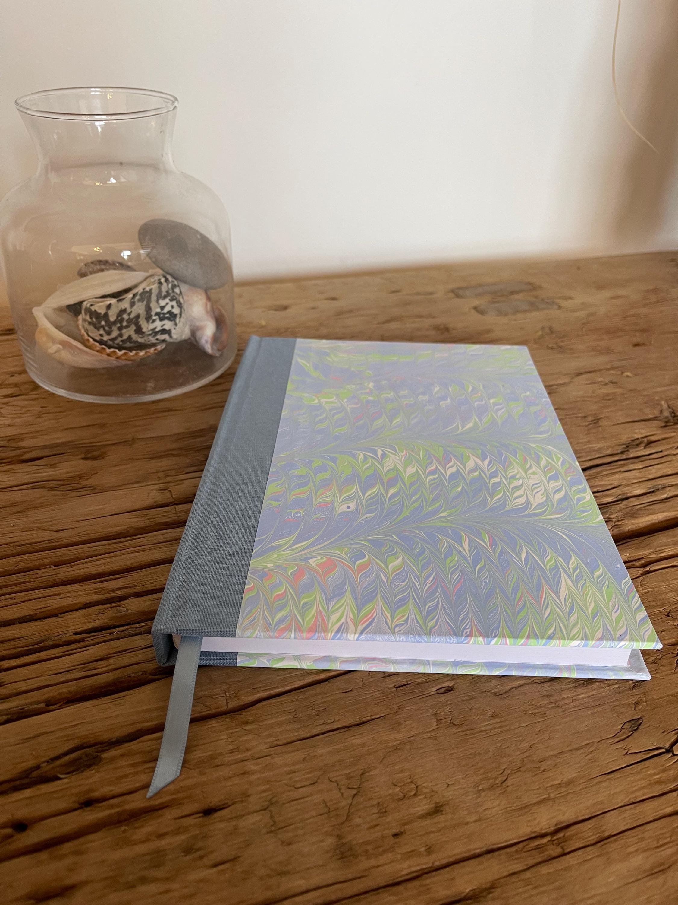 Marbled Sketchbook/Journal A5 Hard Cover, Hand Made, Blue and green feather technique - plain white pages