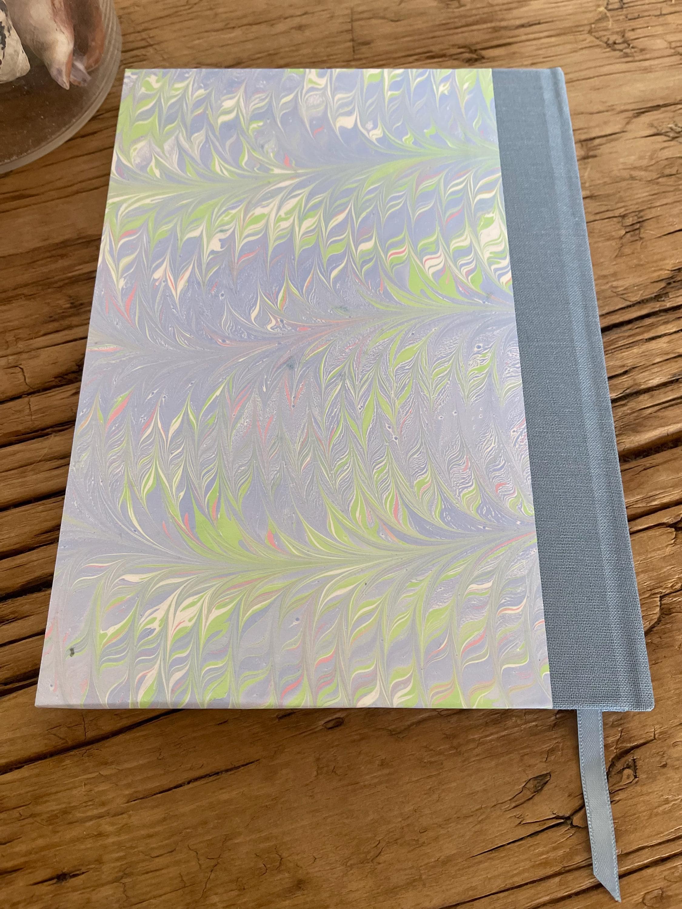 Marbled Sketchbook/Journal A5 Hard Cover, Hand Made, Blue and green feather technique - plain white pages