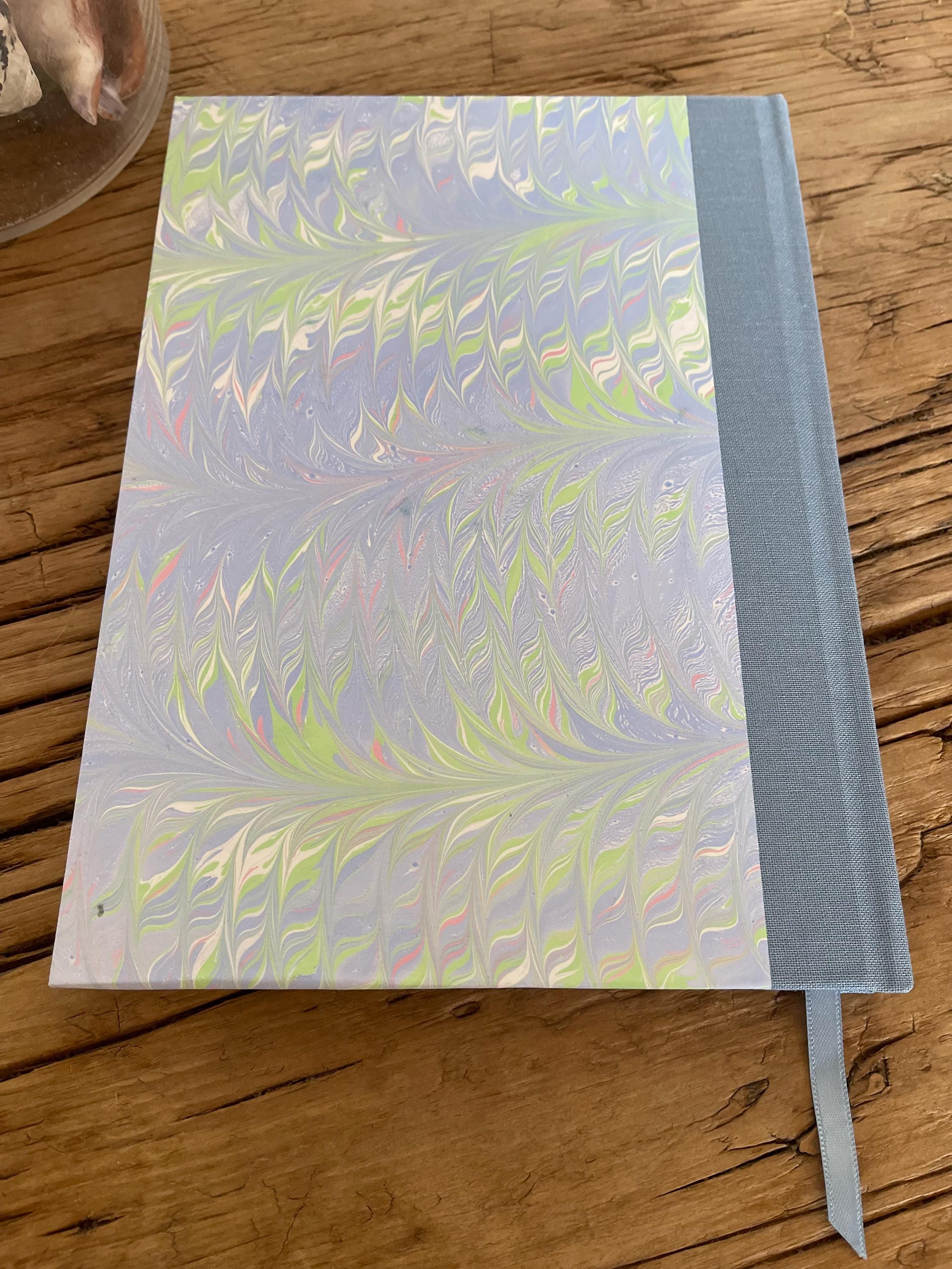 Marbled Sketchbook/Journal A5 Hard Cover, Hand Made, Blue and green feather technique - plain white pages