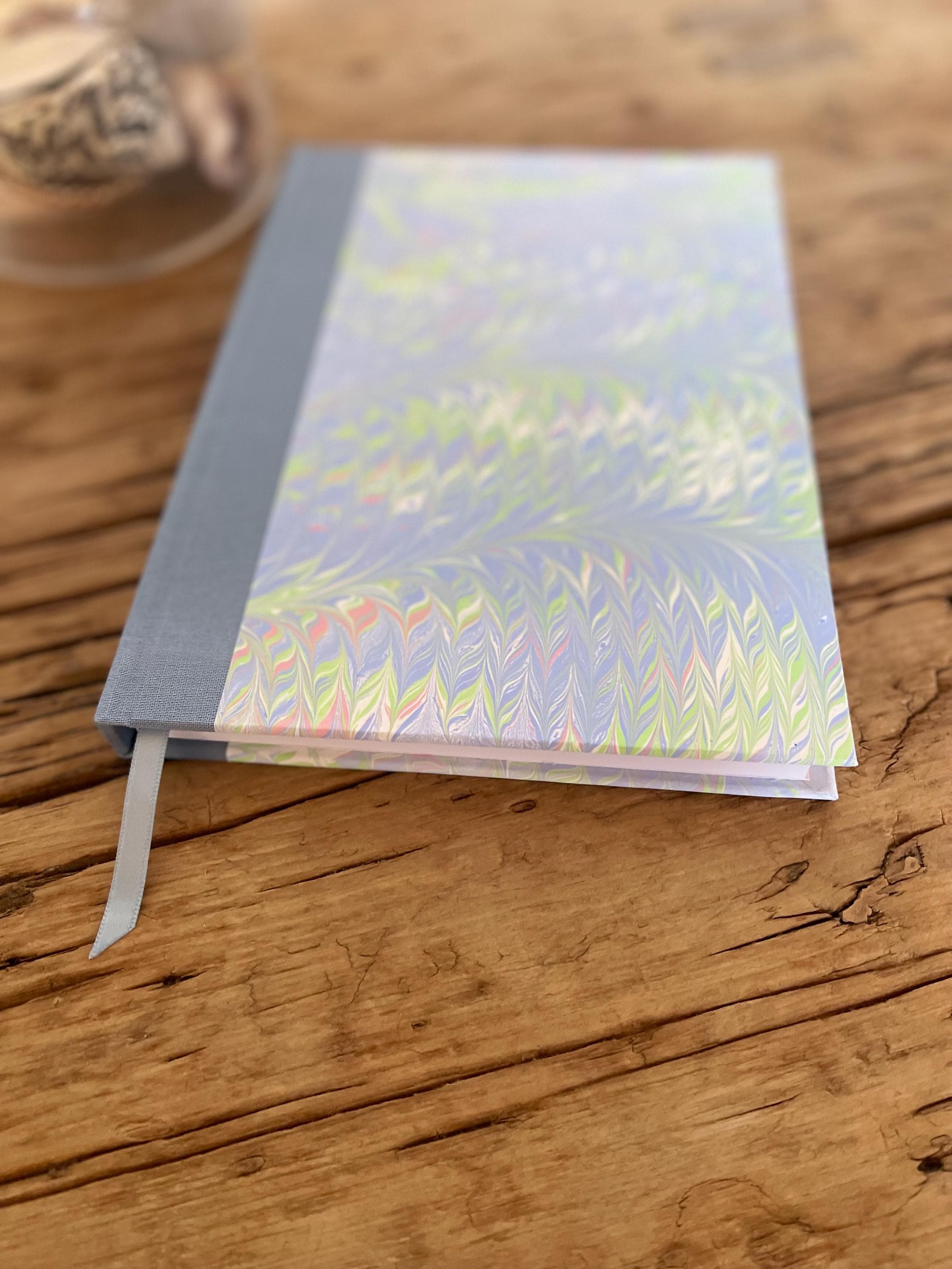 Marbled Sketchbook/Journal A5 Hard Cover, Hand Made, Blue and green feather technique - plain white pages
