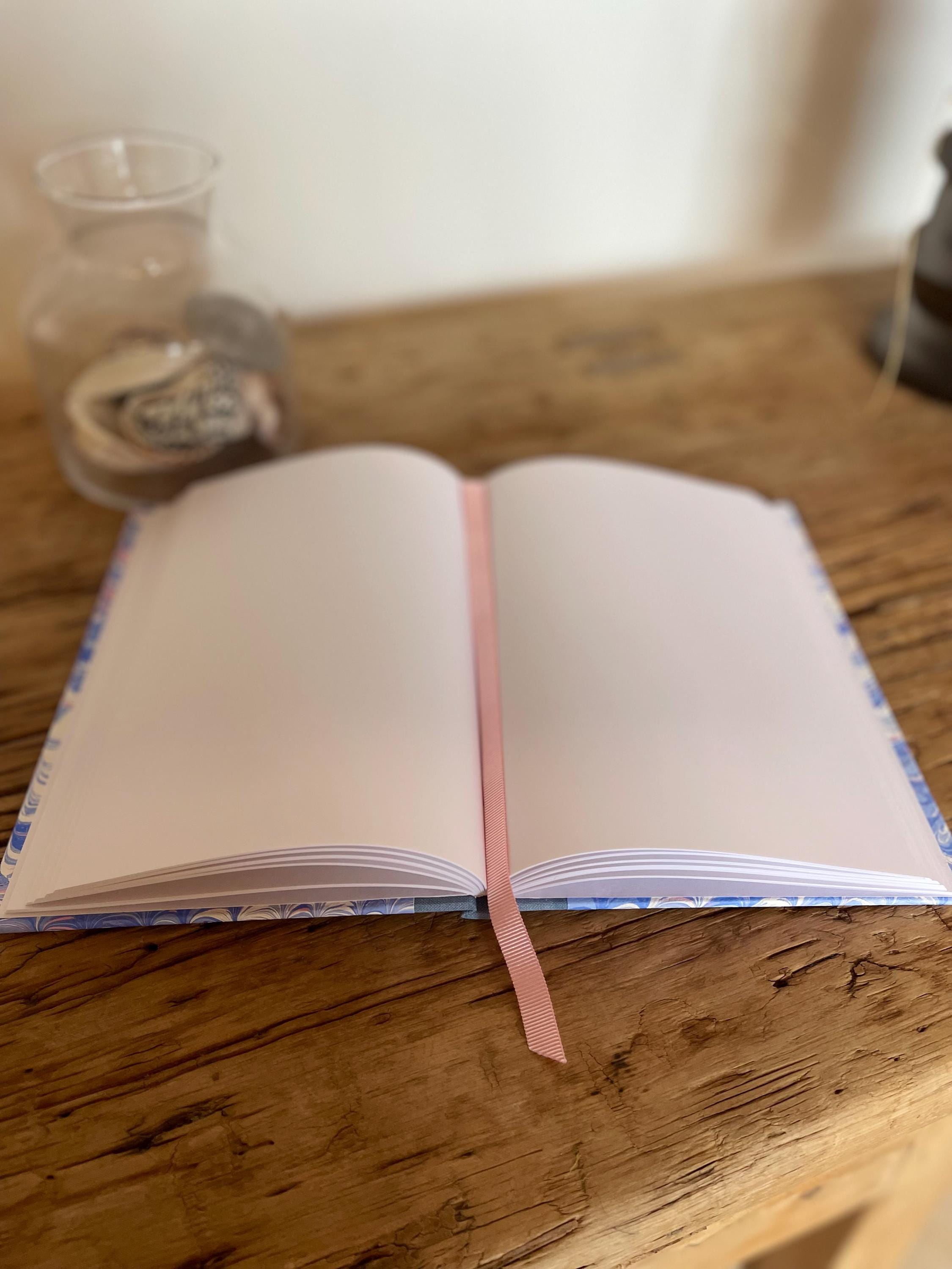 Marbled Sketchbook/Journal A5 Hard Cover in handmade paper in the non pareil pattern, Blue , pink and white technique - plain white pages