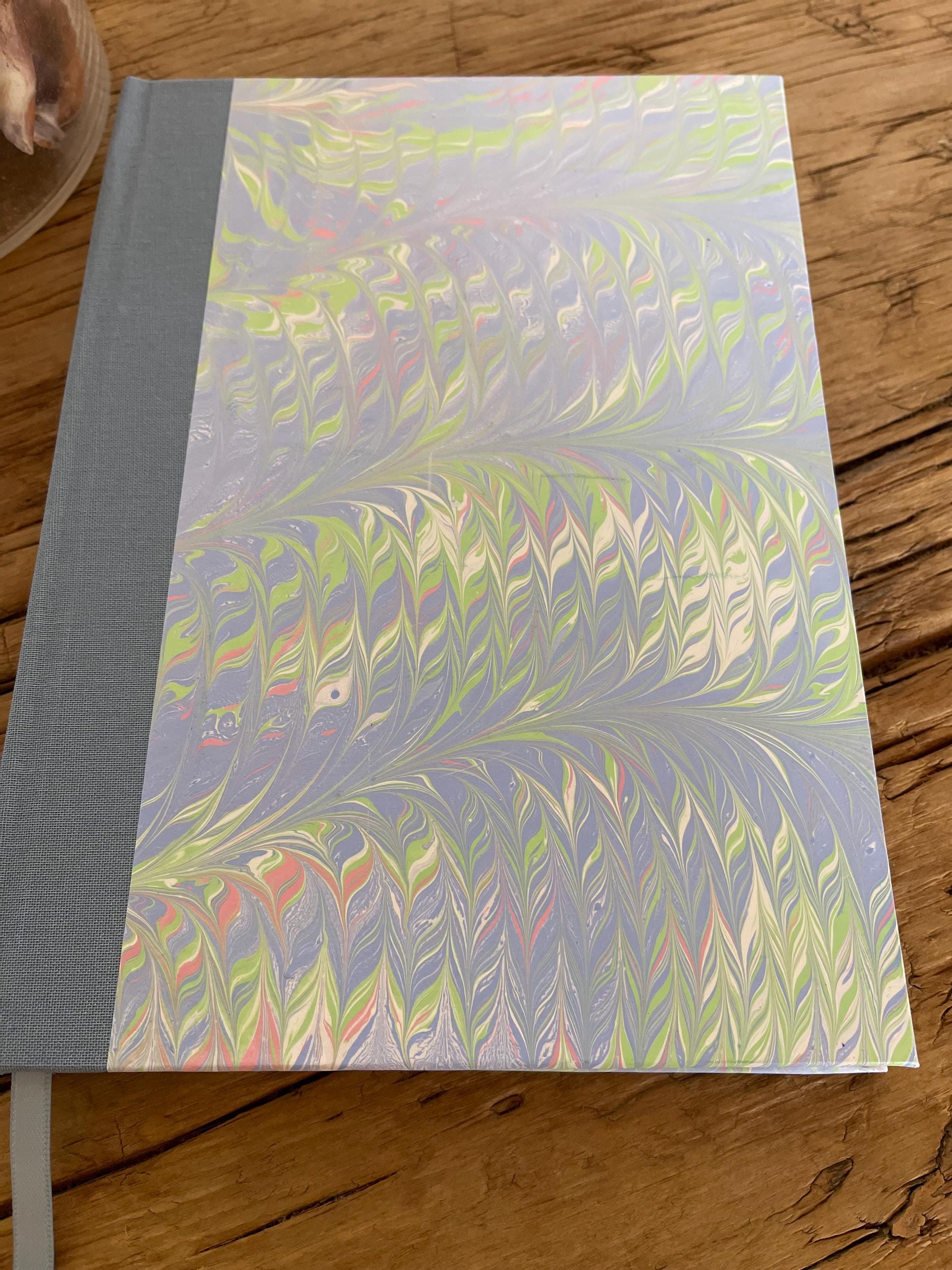 Marbled Sketchbook/Journal A5 Hard Cover, Hand Made, Blue and green feather technique - plain white pages