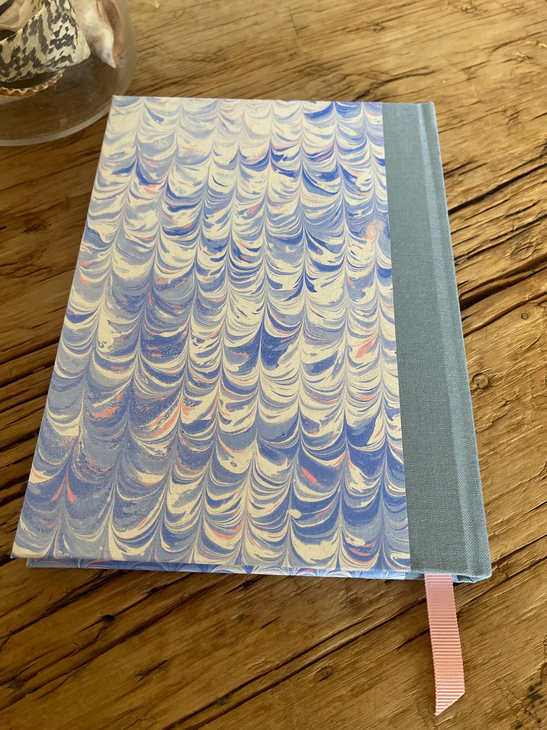 Marbled Sketchbook/Journal A5 Hard Cover in handmade paper in the non pareil pattern, Blue , pink and white technique - plain white pages