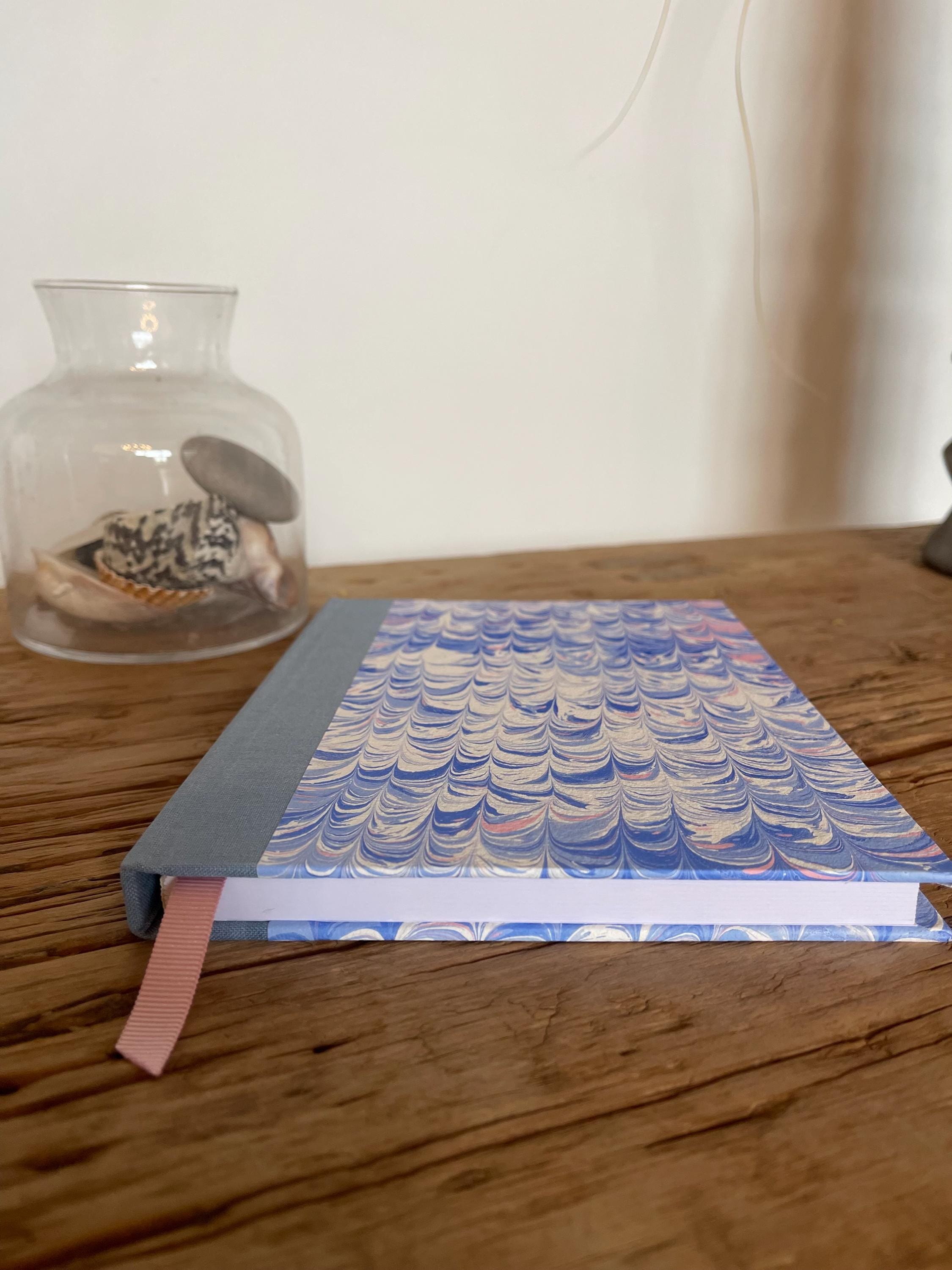 Marbled Sketchbook/Journal A5 Hard Cover in handmade paper in the non pareil pattern, Blue , pink and white technique - plain white pages