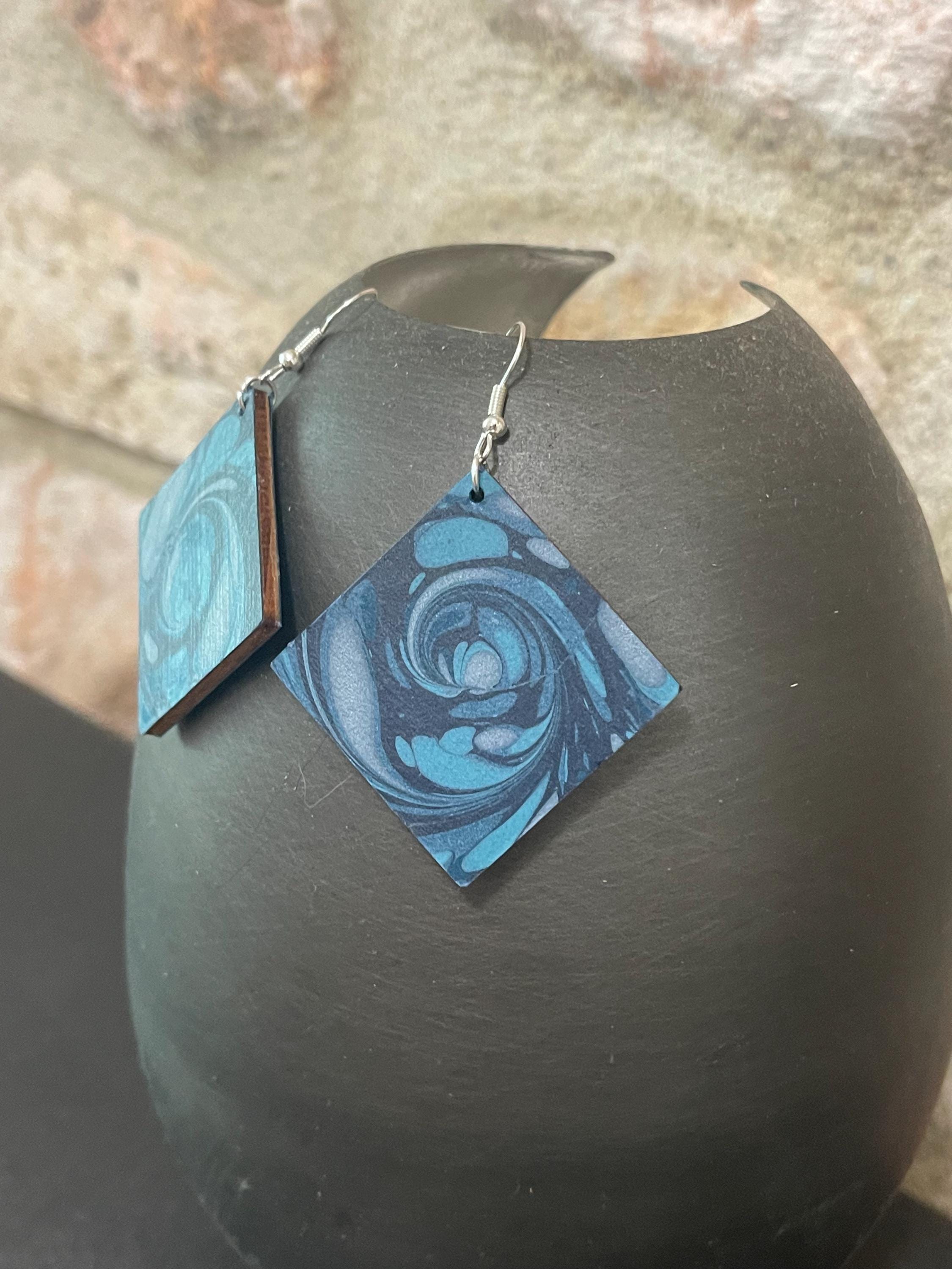 Square marbled dangle earrings, unique, with silver hyper allergenic hooks, whirl pattern in deep blues ideal paper anniversary present