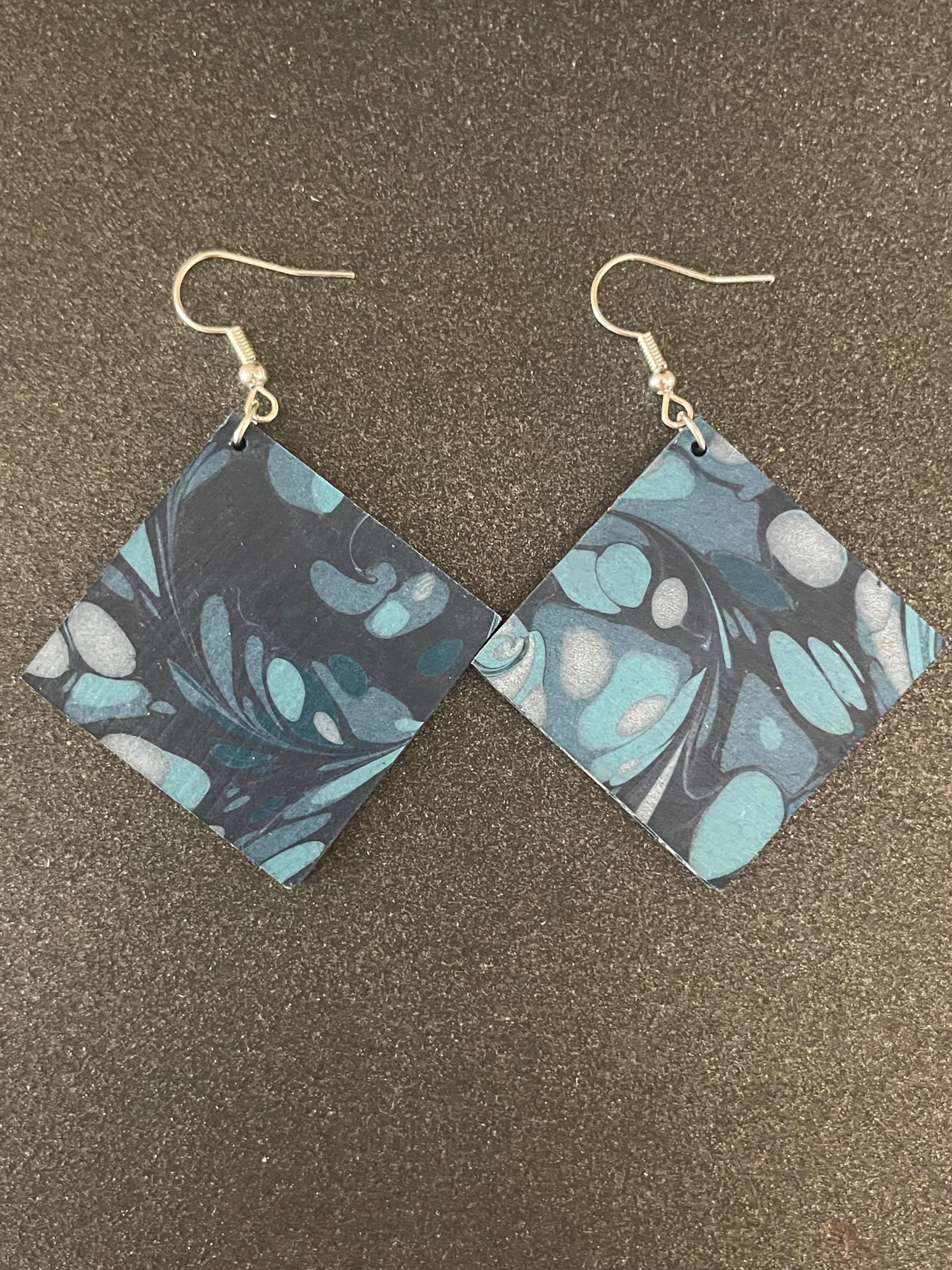 Square marbled dangle earrings, unique, with silver hyper allergenic hooks, whirl pattern in deep blues ideal paper anniversary present