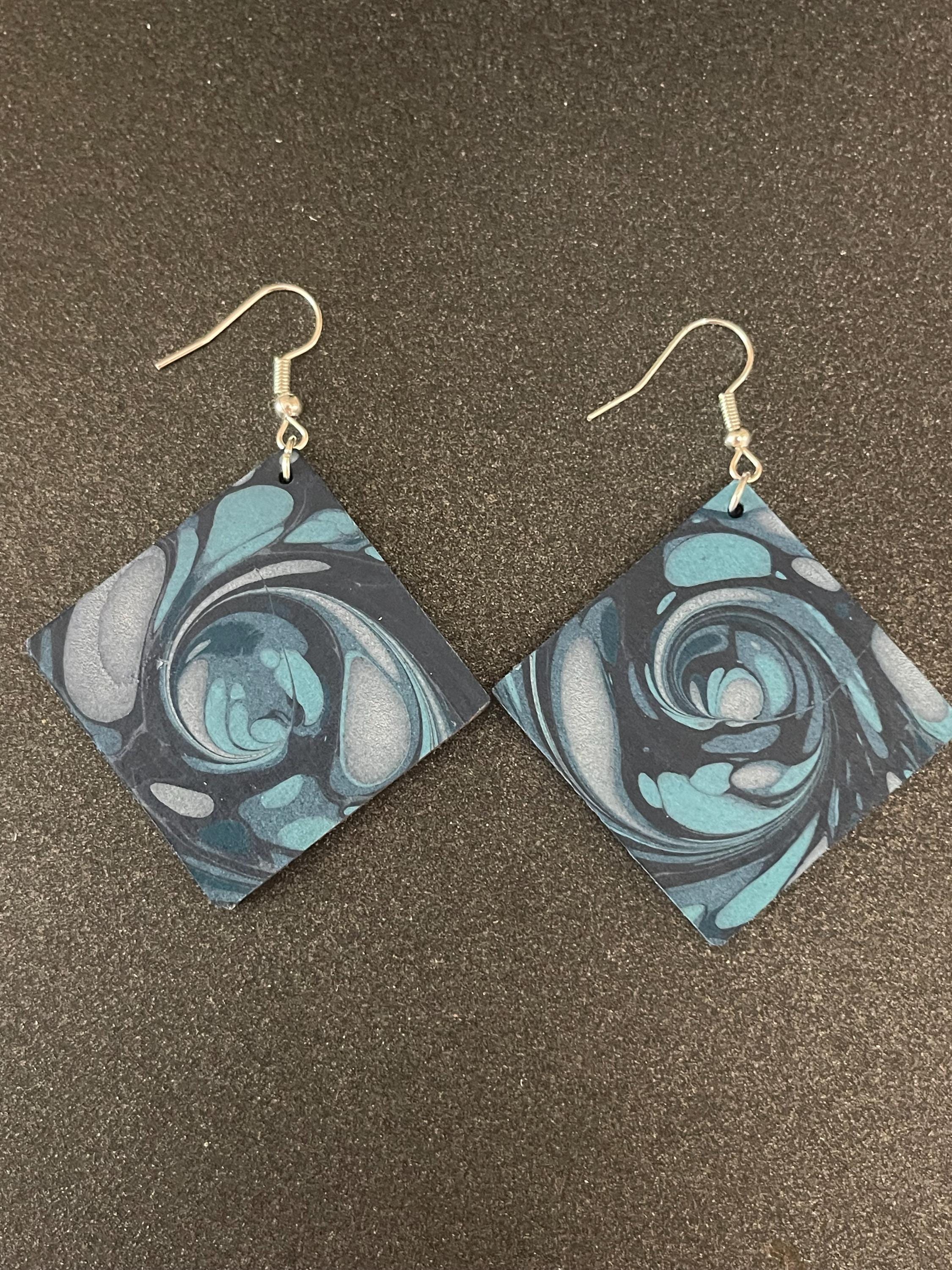 Square marbled dangle earrings, unique, with silver hyper allergenic hooks, whirl pattern in deep blues ideal paper anniversary present