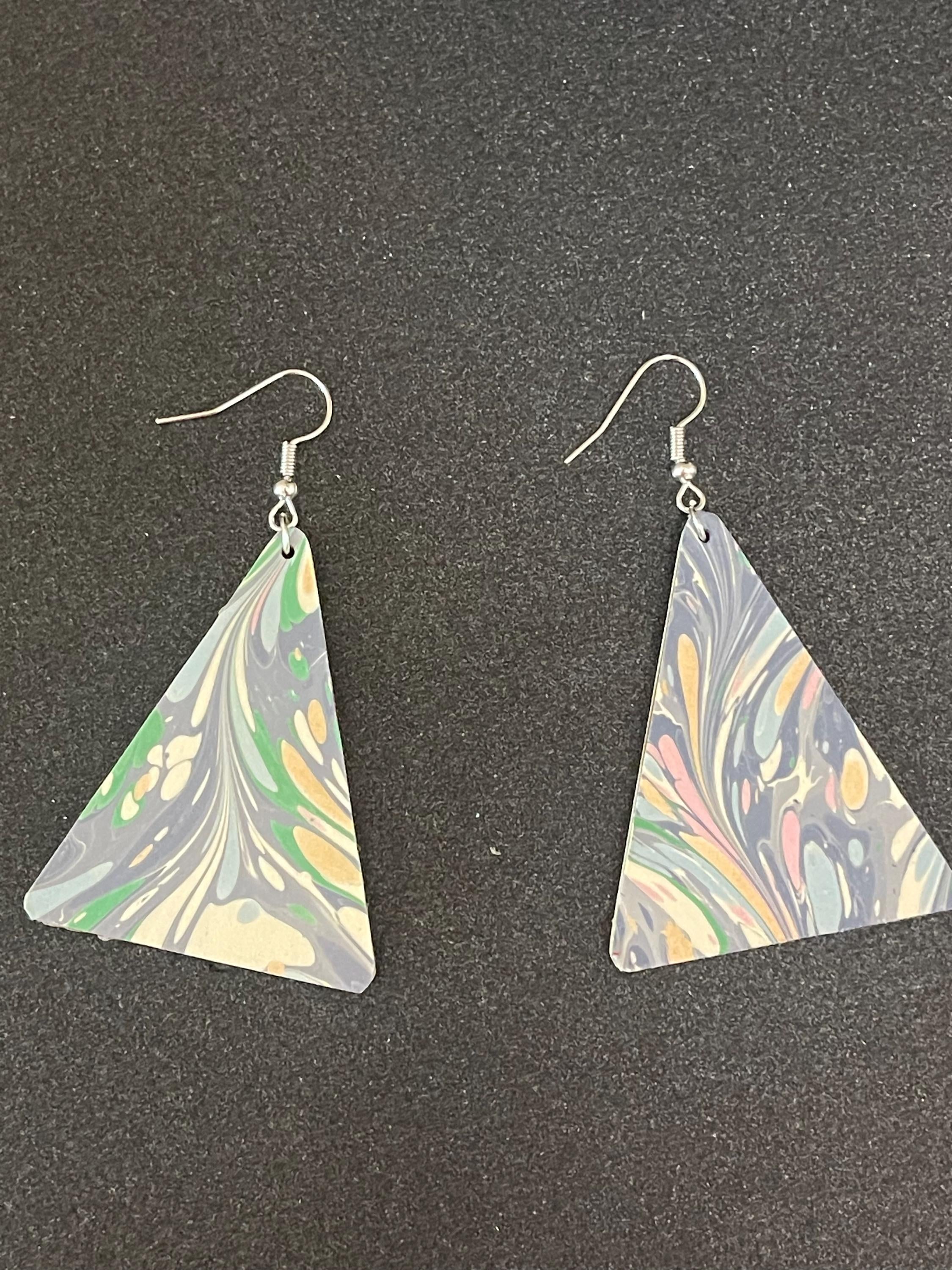 Triangular marbled dangle earrings, unique, with silver hyper allergenic hooks, light blues, greens, pinks, ideal paper anniversary present