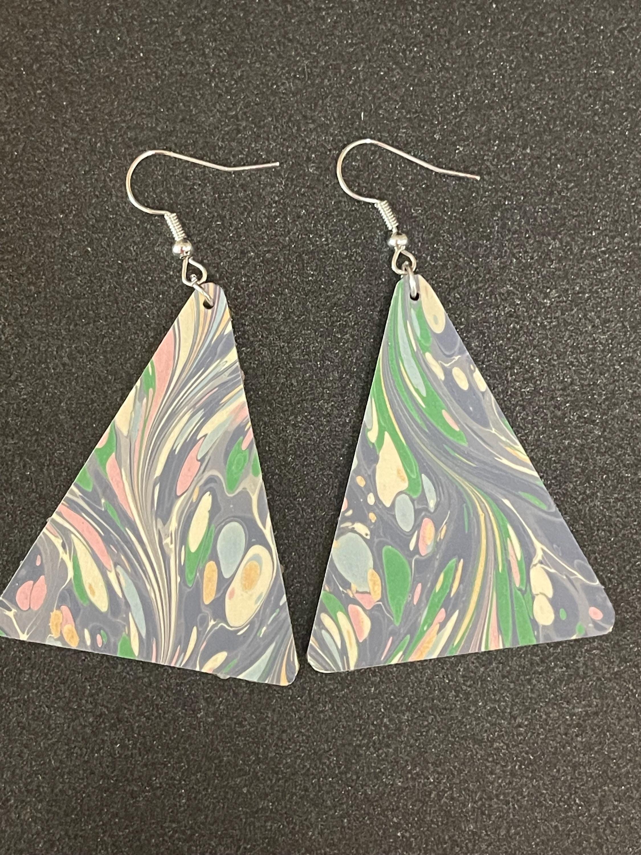 Triangular marbled dangle earrings, unique, with silver hyper allergenic hooks, light blues, greens, pinks, ideal paper anniversary present