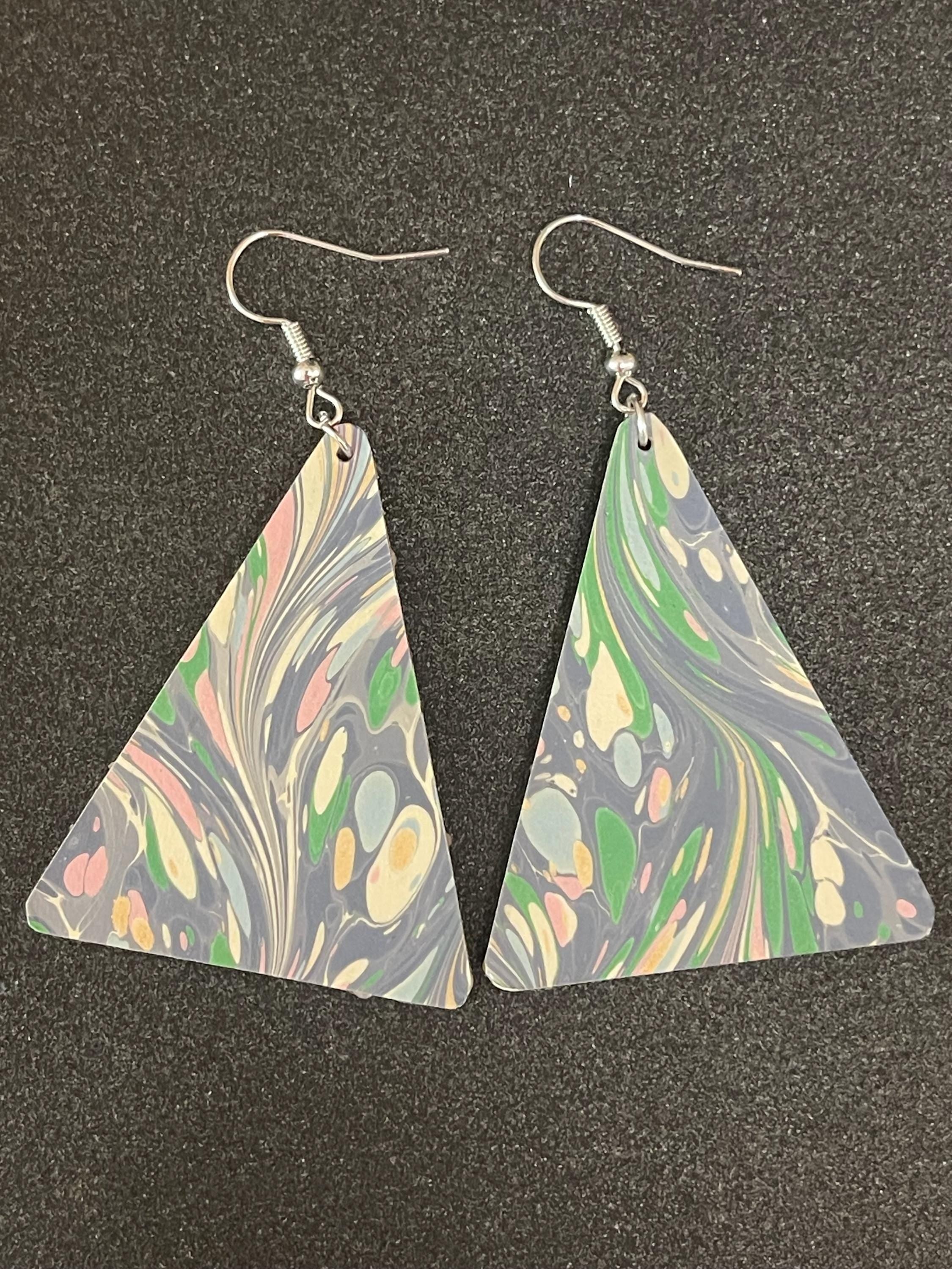 Triangular marbled dangle earrings, unique, with silver hyper allergenic hooks, light blues, greens, pinks, ideal paper anniversary present
