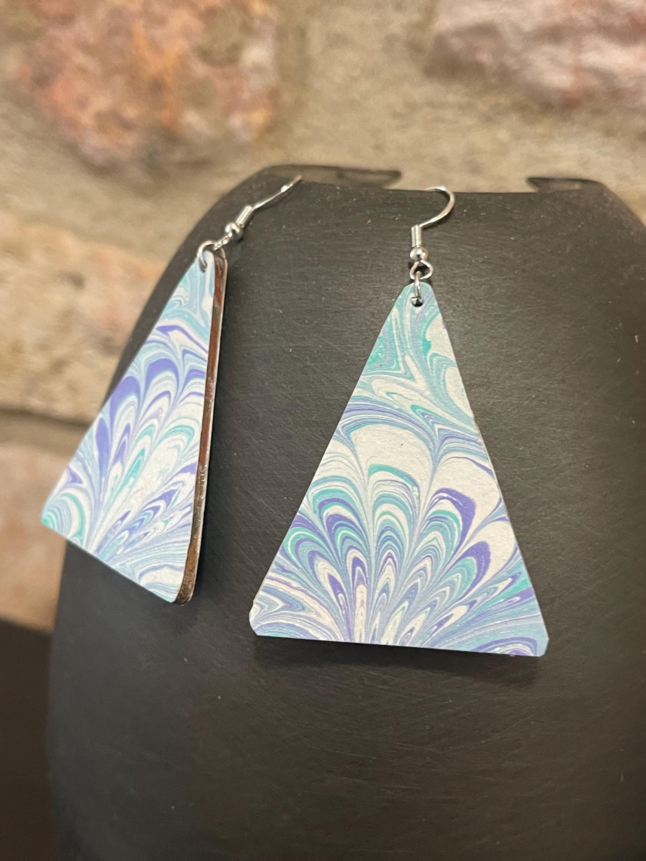 Triangular marbled dangle earrings, with sterling silver hyper allergenic hooks, bouquet pattern in turquoise and blue with touches of white