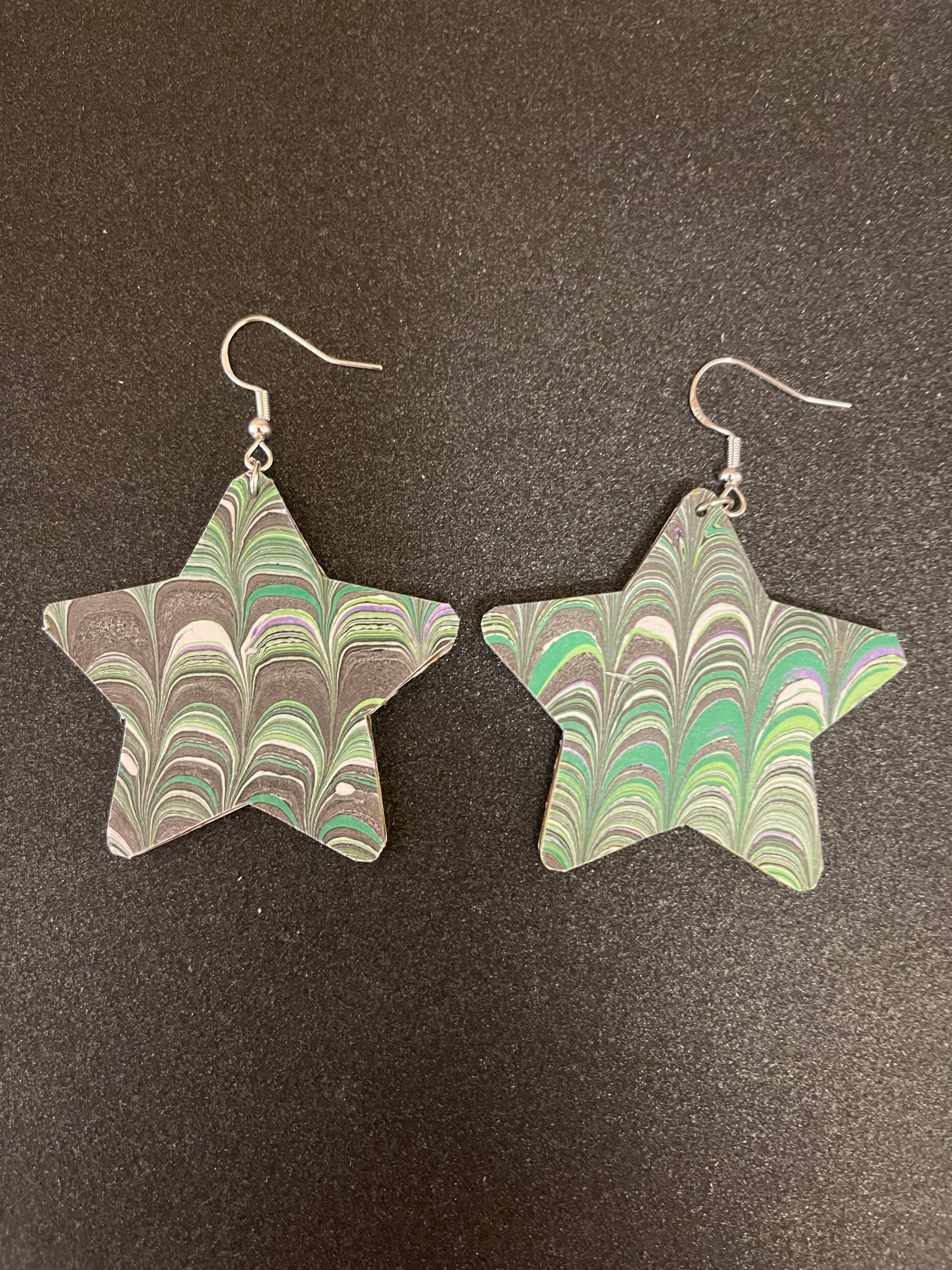 Star marbled dangle earrings, unique, with silver hyper allergenic hooks, in light greens, greys and white, ideal paper anniversary present