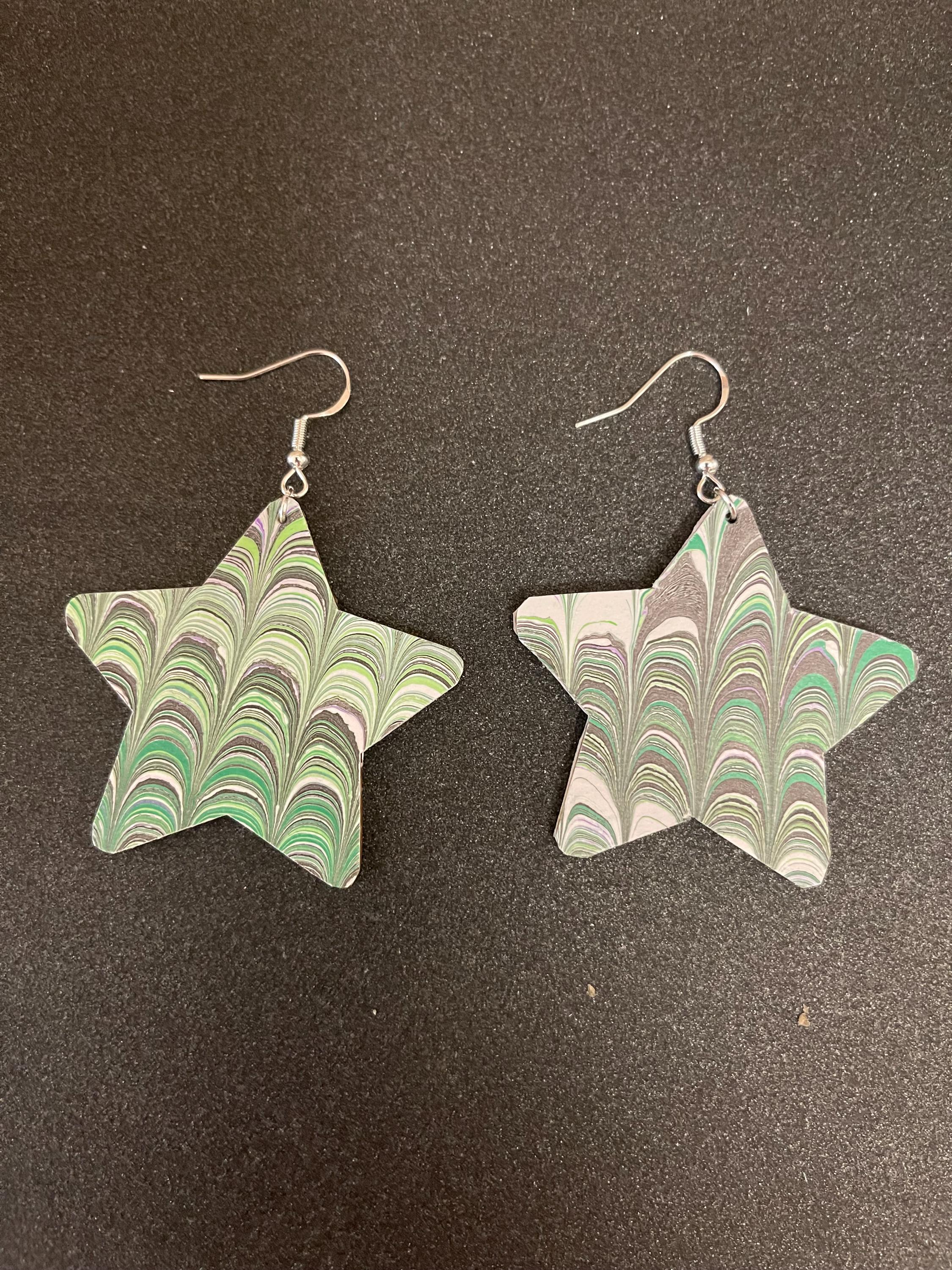 Star marbled dangle earrings, unique, with silver hyper allergenic hooks, in light greens, greys and white, ideal paper anniversary present