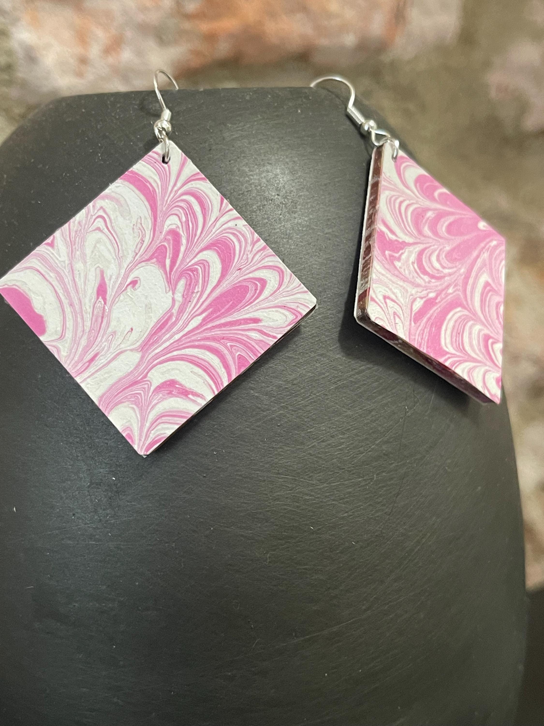 Square marbled dangle earrings, unique, with sterling silver hyper allergenic hooks, pink and white, ideal paper anniversary present