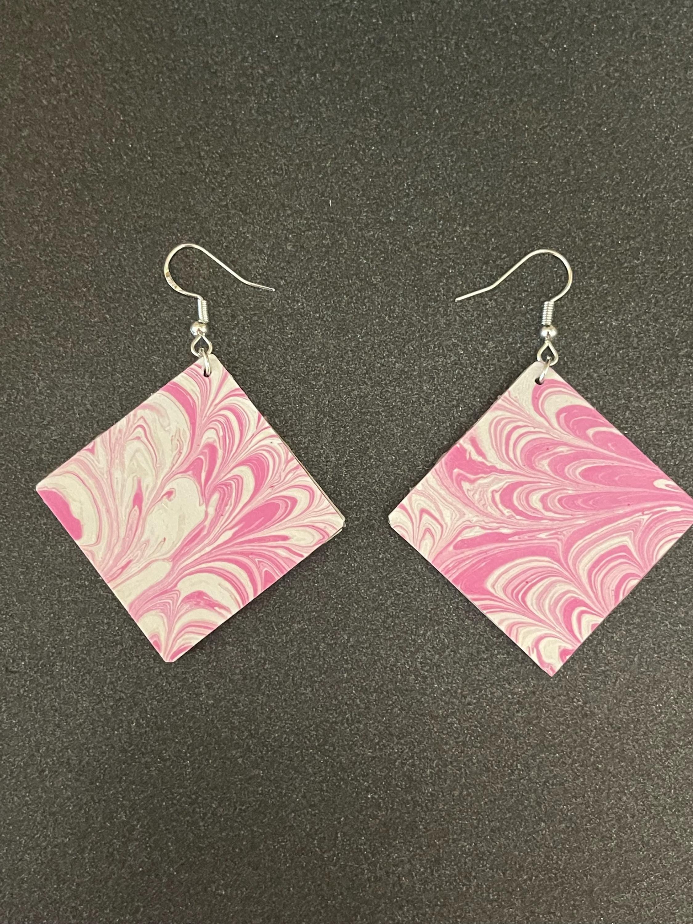 Square marbled dangle earrings, unique, with sterling silver hyper allergenic hooks, pink and white, ideal paper anniversary present
