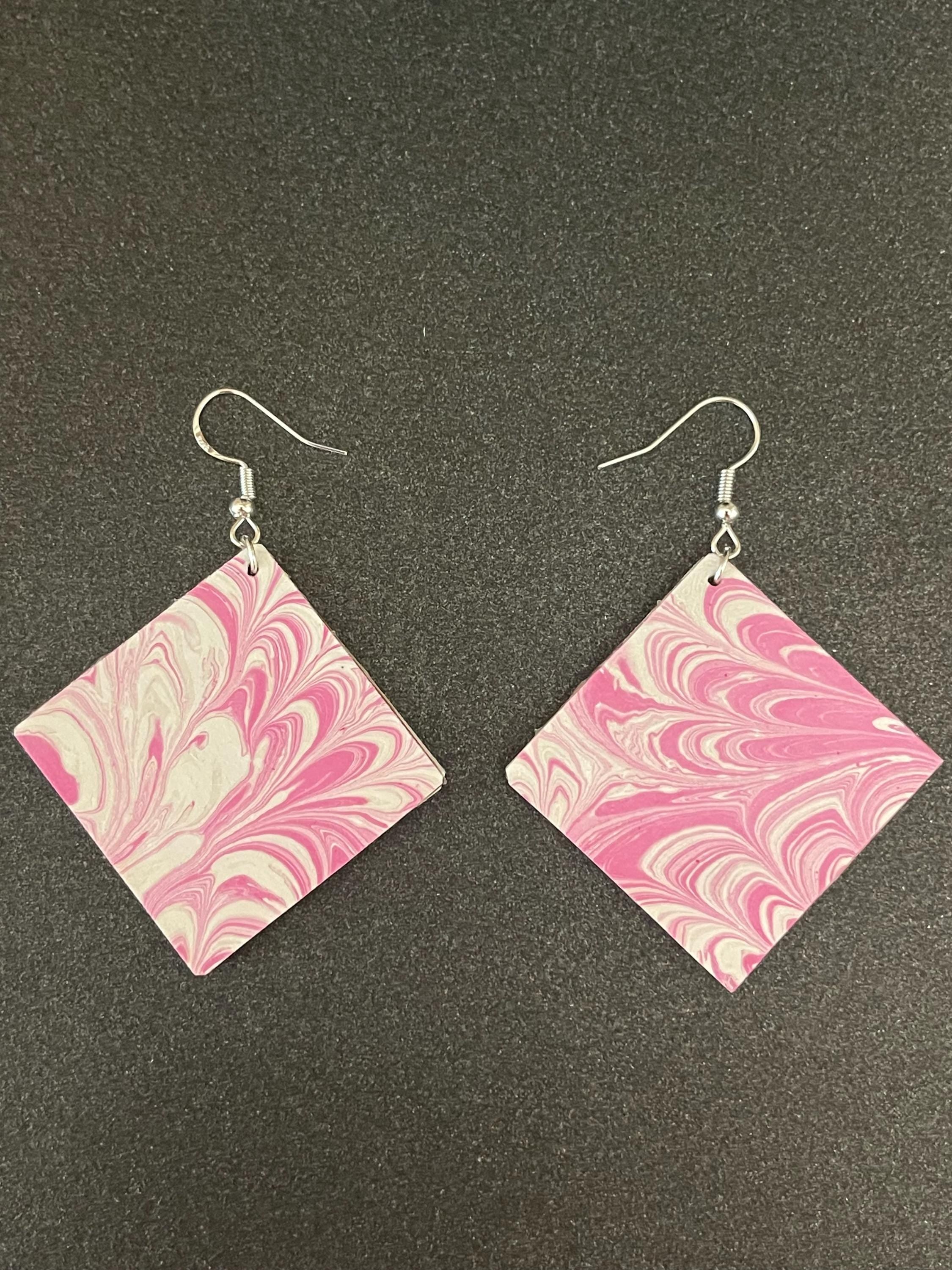 Square marbled dangle earrings, unique, with sterling silver hyper allergenic hooks, pink and white, ideal paper anniversary present