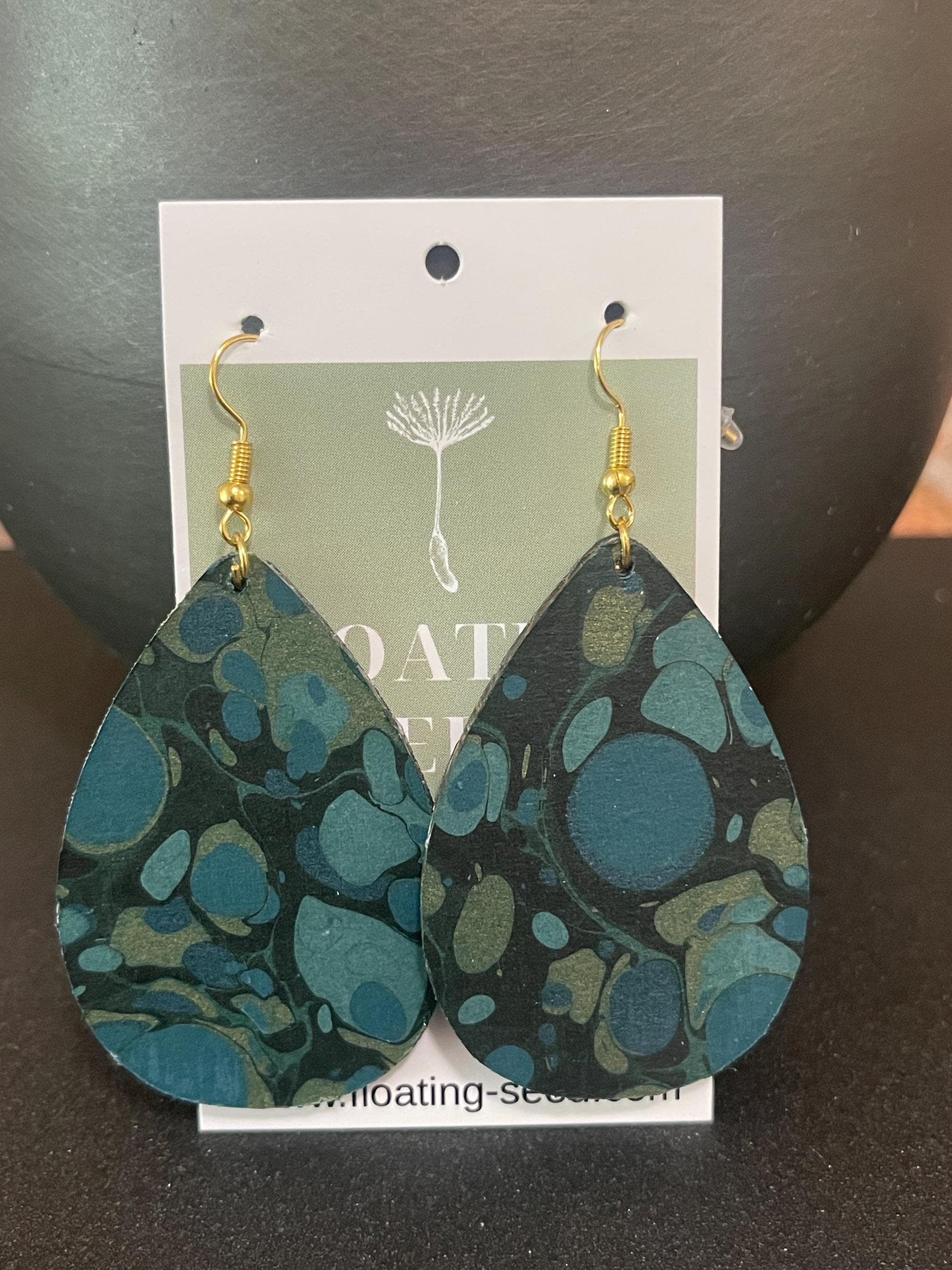 Tear drop marbled dangle earrings, with gold hyper allergenic hook, stone pattern in dark blues with touches of gold, ideal 1st wedding gift