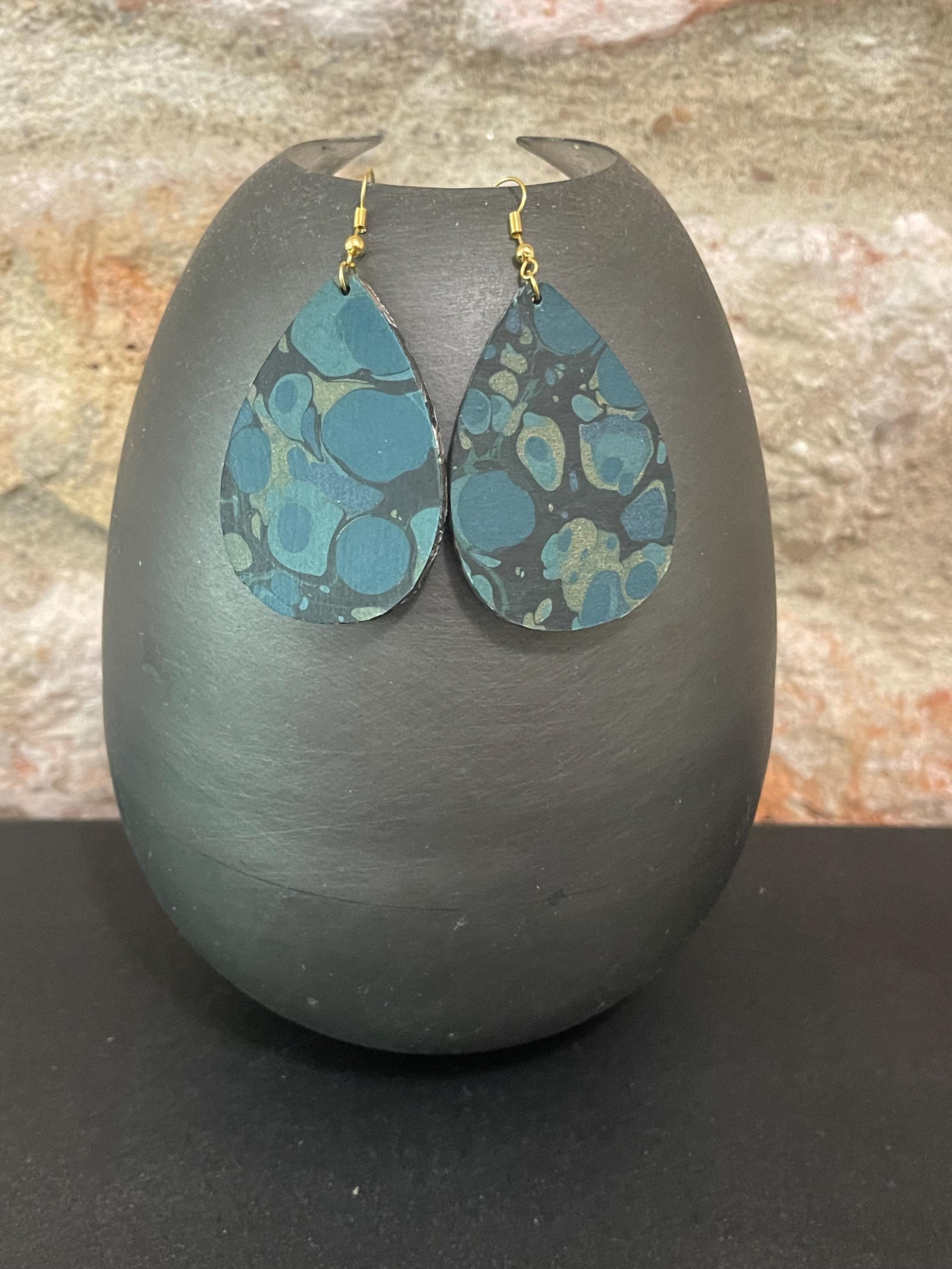 Tear drop marbled dangle earrings, with gold hyper allergenic hook, stone pattern in dark blues with touches of gold, ideal 1st wedding gift