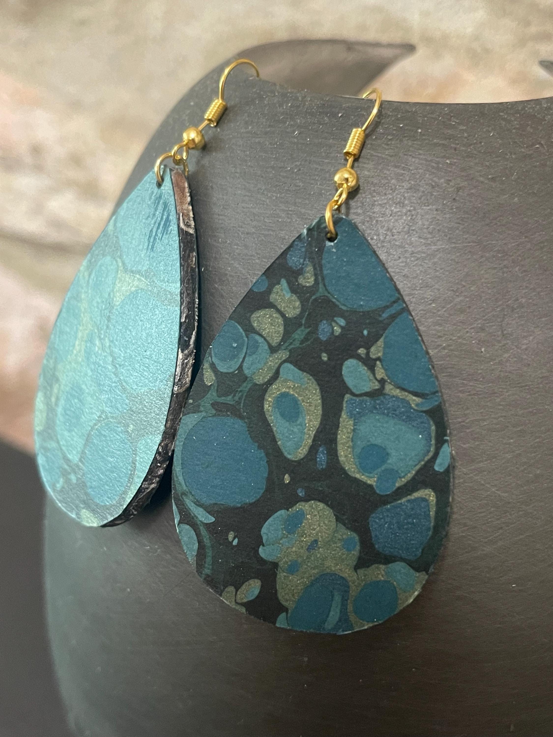 Tear drop marbled dangle earrings, with gold hyper allergenic hook, stone pattern in dark blues with touches of gold, ideal 1st wedding gift