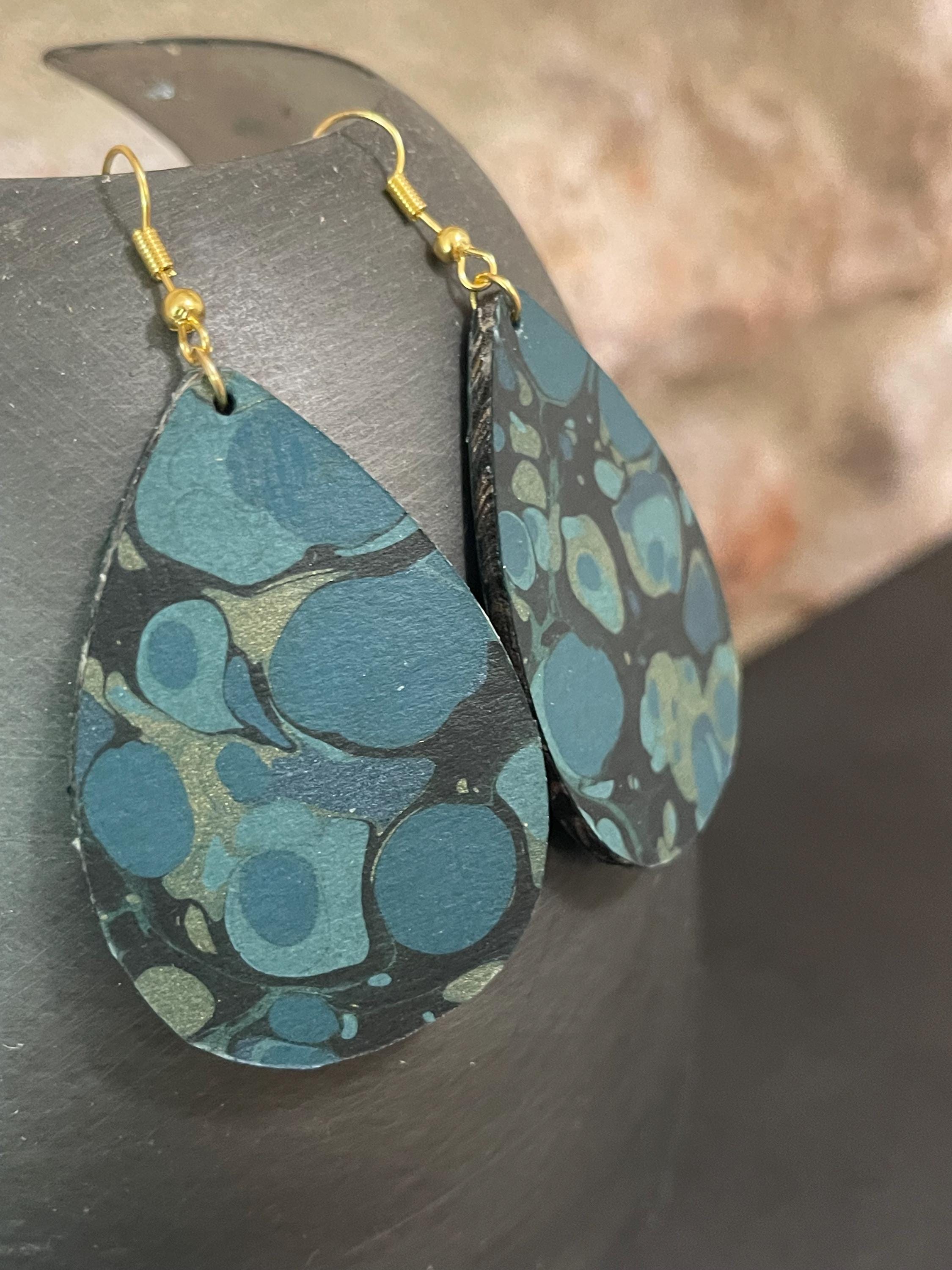 Tear drop marbled dangle earrings, with gold hyper allergenic hook, stone pattern in dark blues with touches of gold, ideal 1st wedding gift