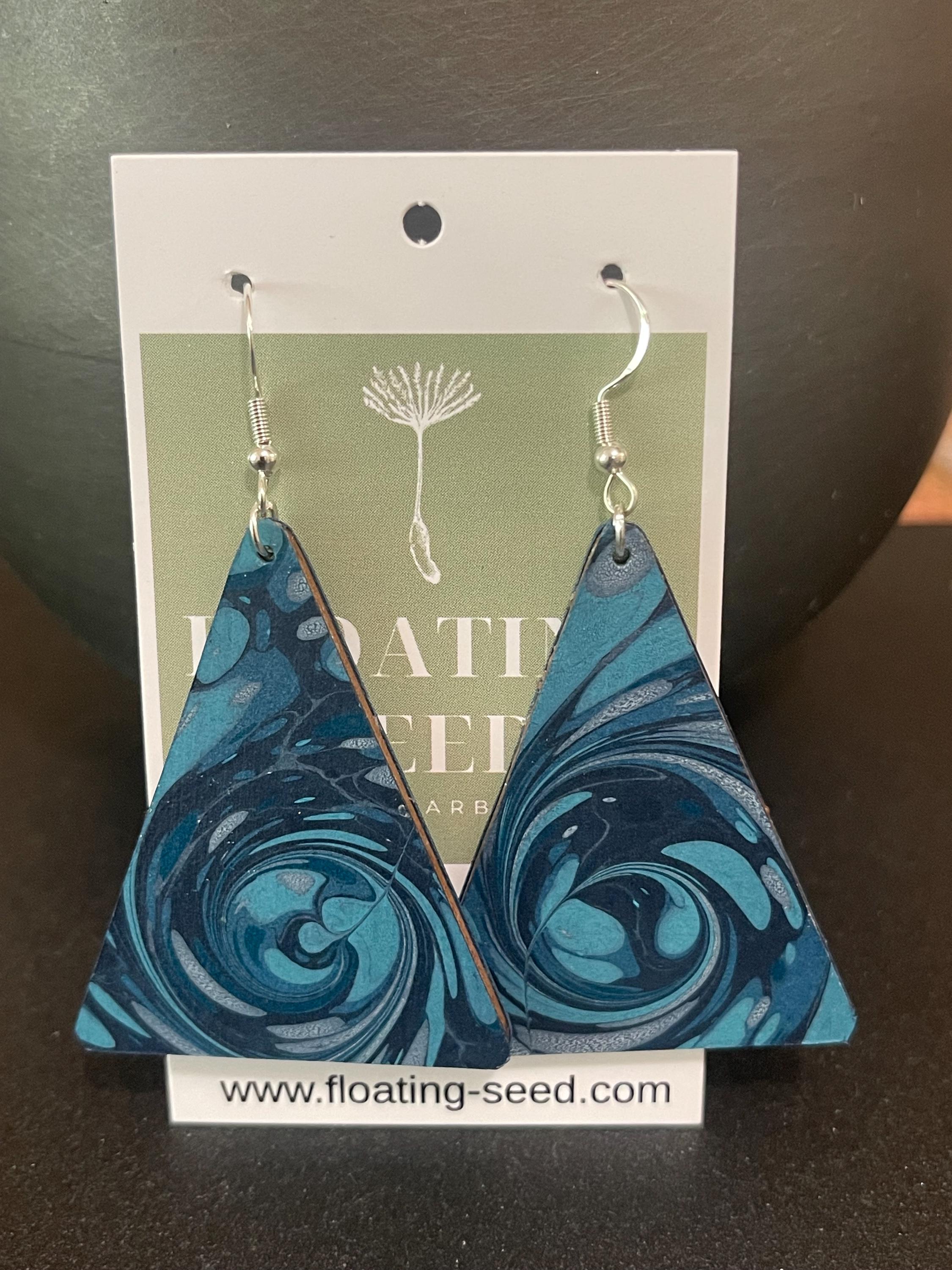 Triangular marbled dangle earrings, unique, with sterling silver hyper allergenic hooks, blues, whirlpool ideal 1st anniversary present