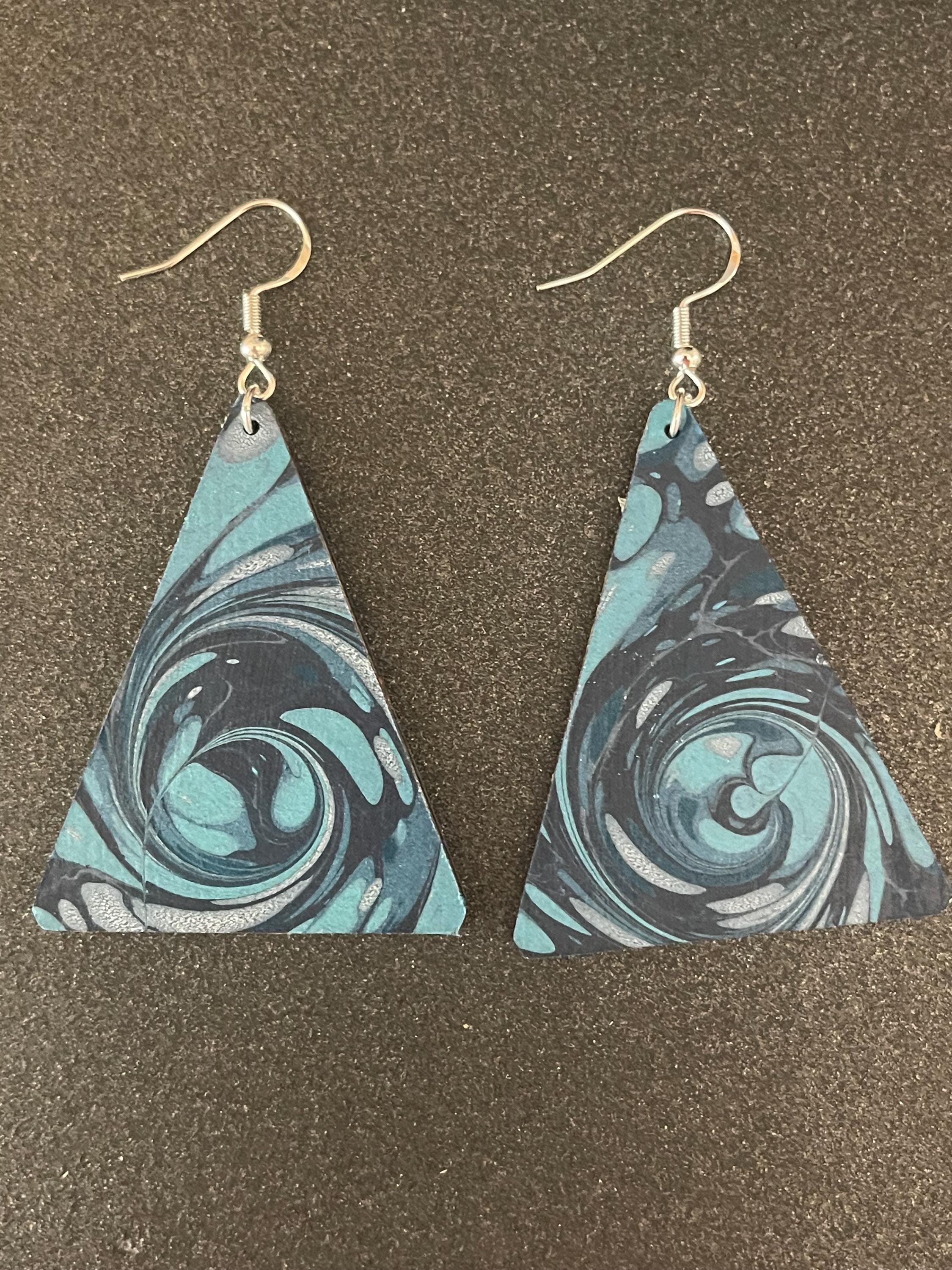 Triangular marbled dangle earrings, unique, with sterling silver hyper allergenic hooks, blues, whirlpool ideal 1st anniversary present