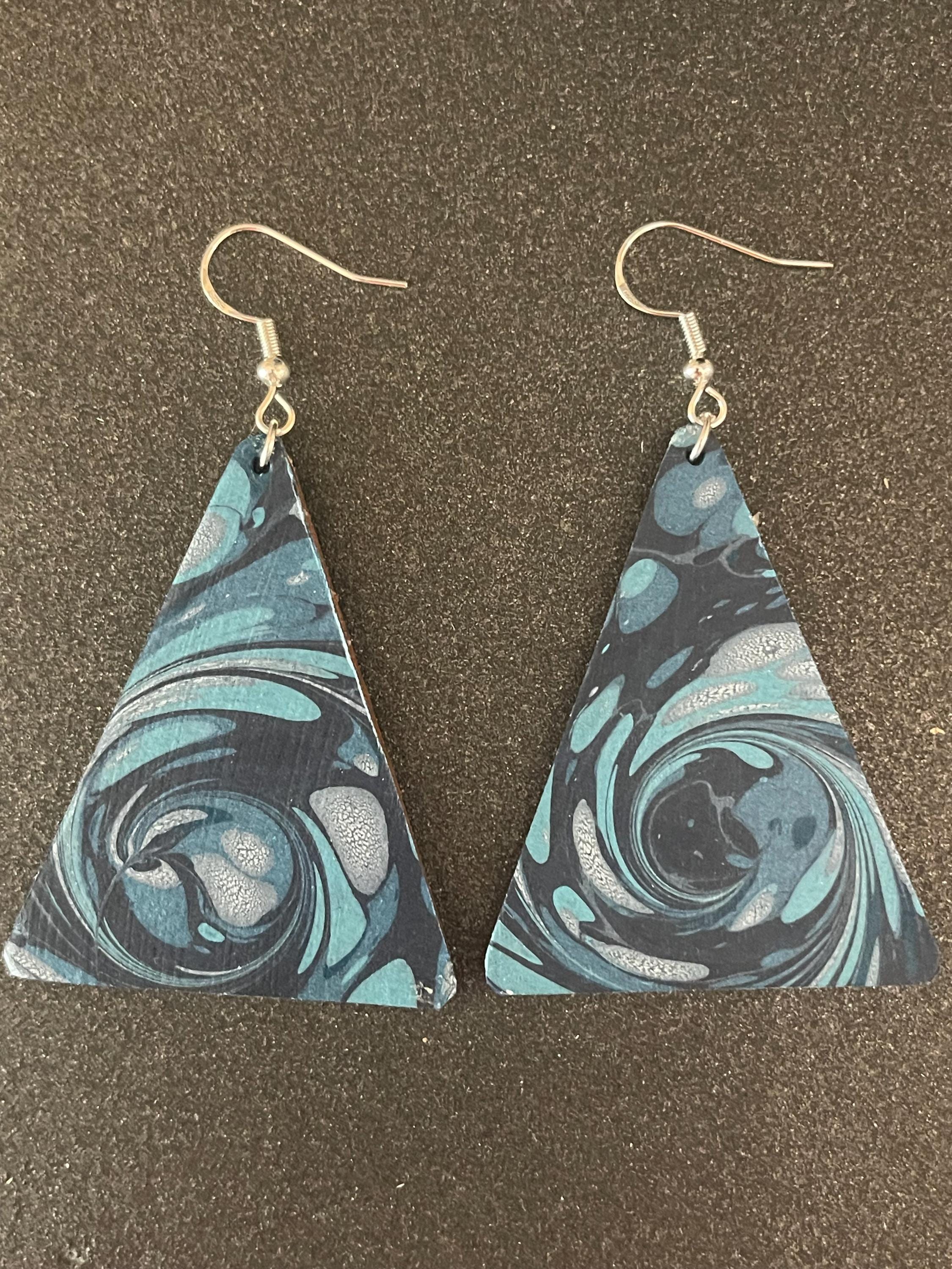 Triangular marbled dangle earrings, unique, with sterling silver hyper allergenic hooks, blues, whirlpool ideal 1st anniversary present