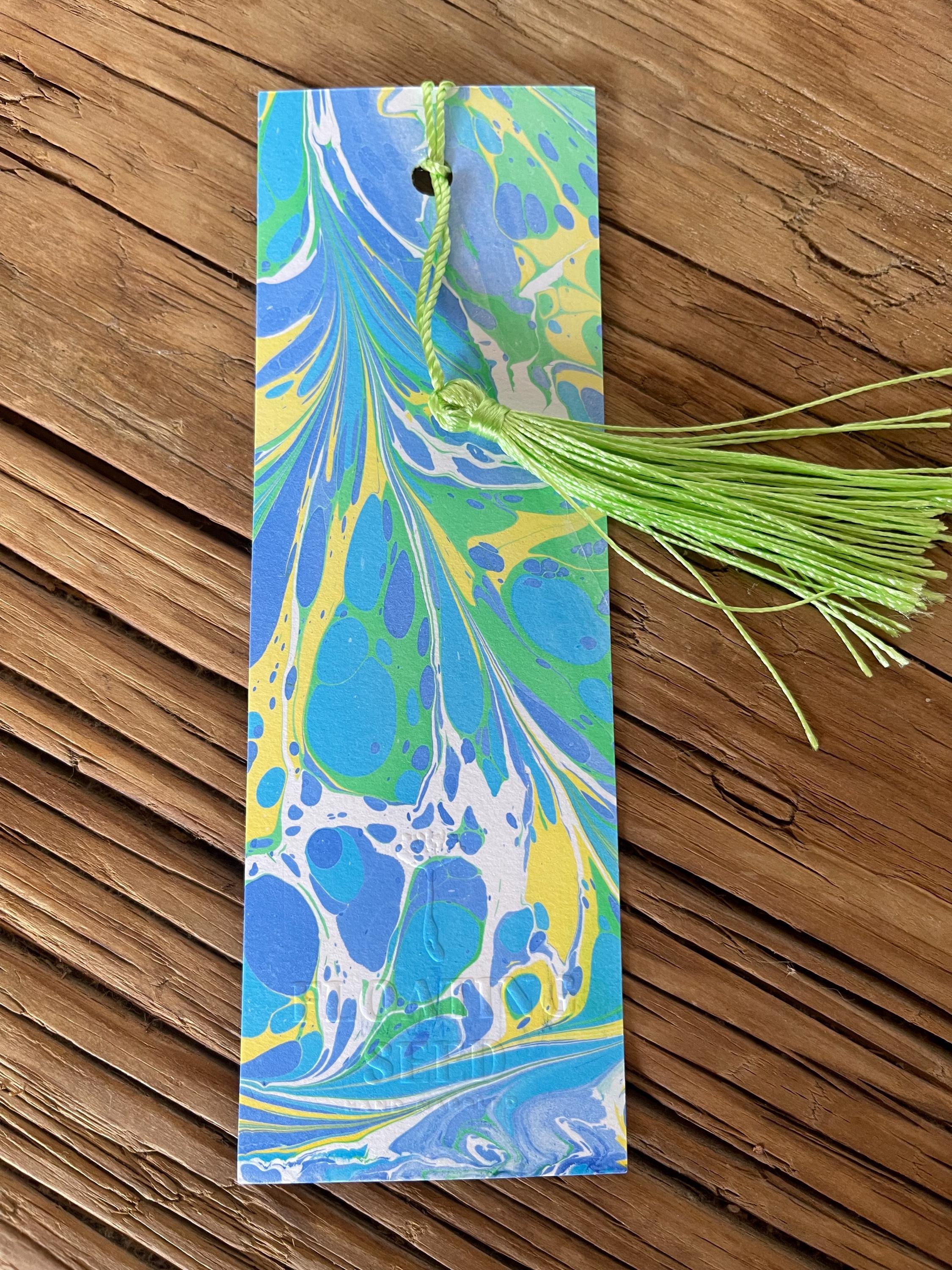 Bookmark, unique hand marbled with matching tassel, blue, yellow and green ideal small gift for any book lover or paper wedding anniversary