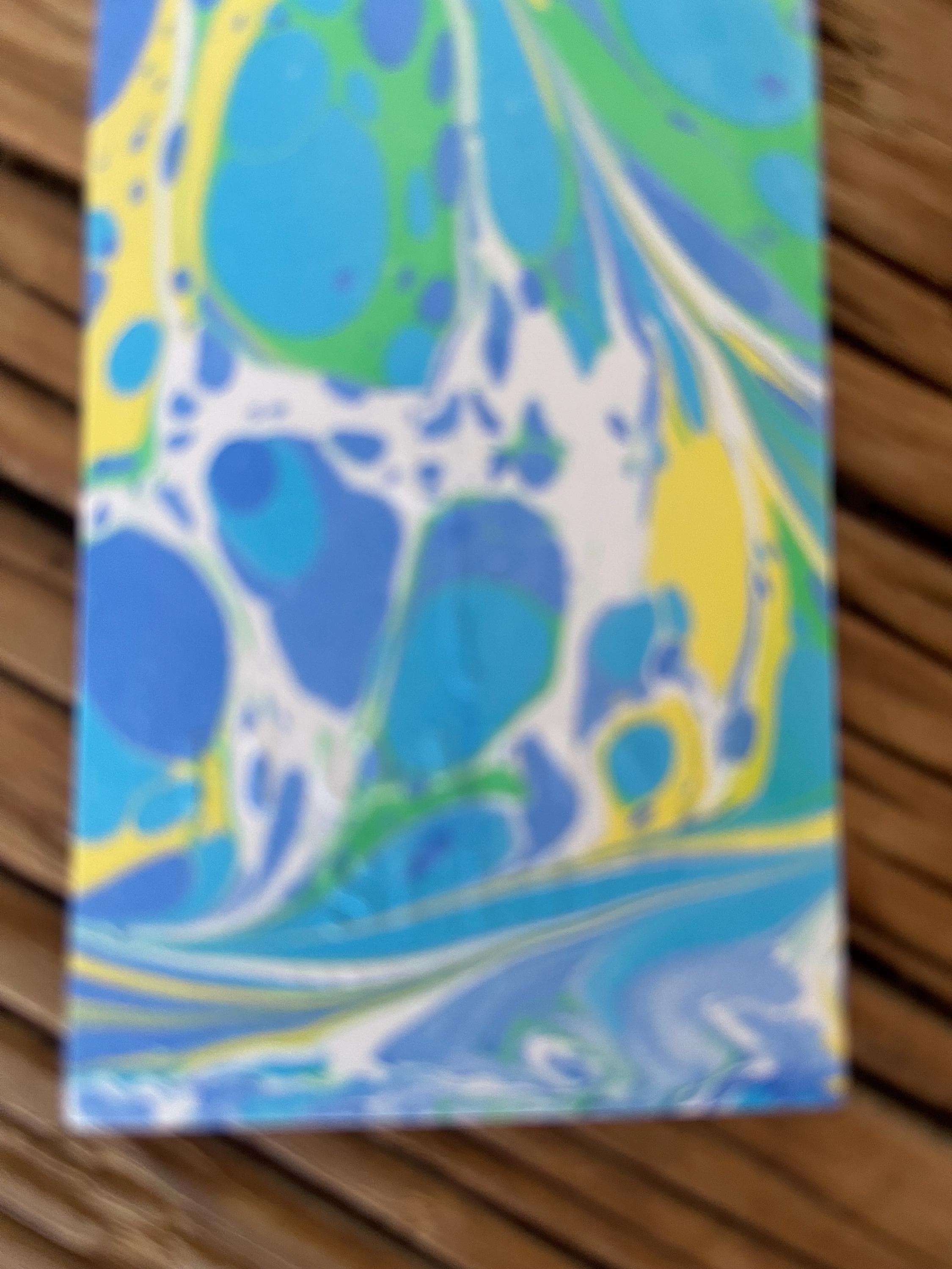 Bookmark, unique hand marbled with matching tassel, blue, yellow and green ideal small gift for any book lover or paper wedding anniversary