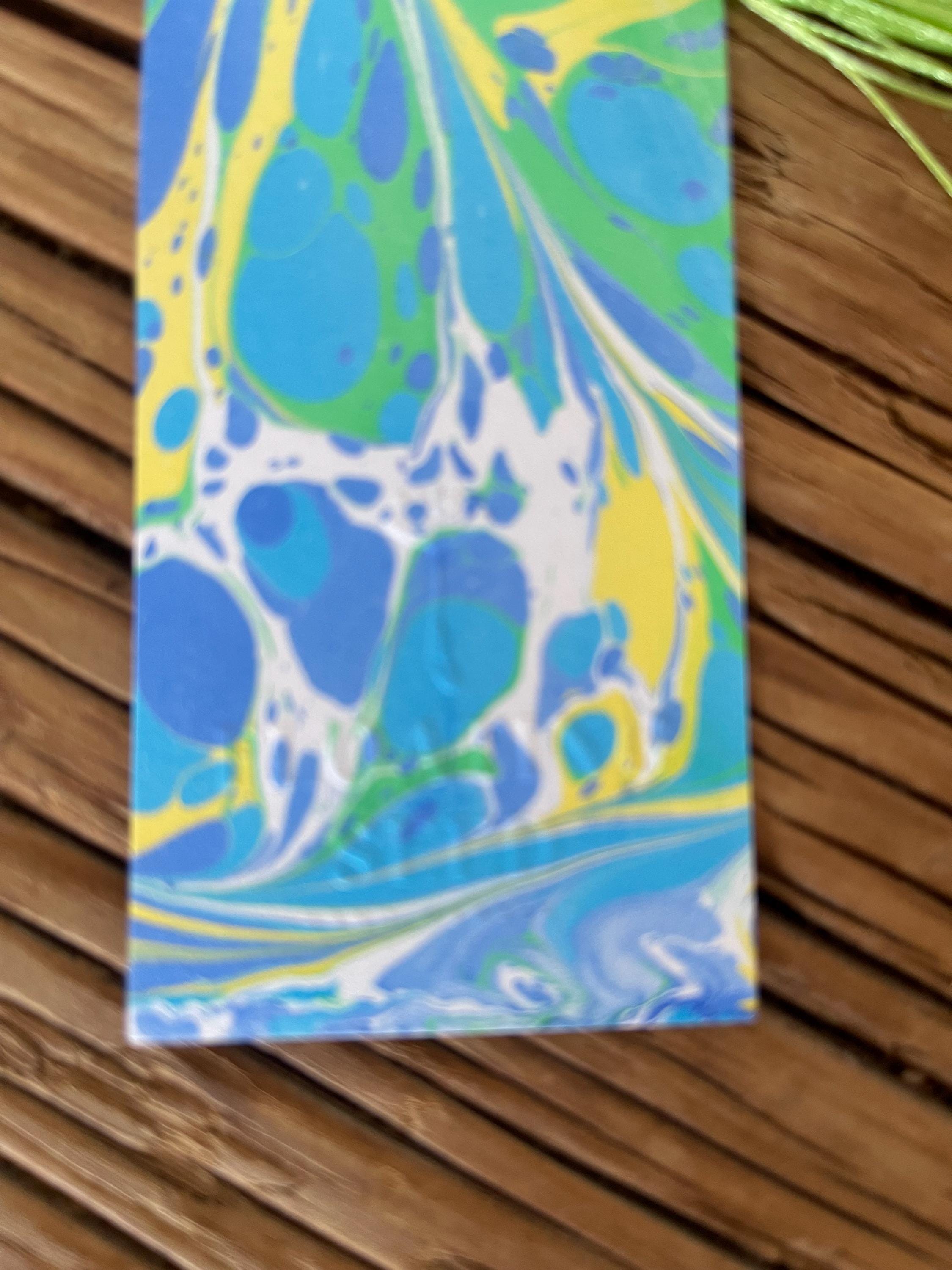Bookmark, unique hand marbled with matching tassel, blue, yellow and green ideal small gift for any book lover or paper wedding anniversary