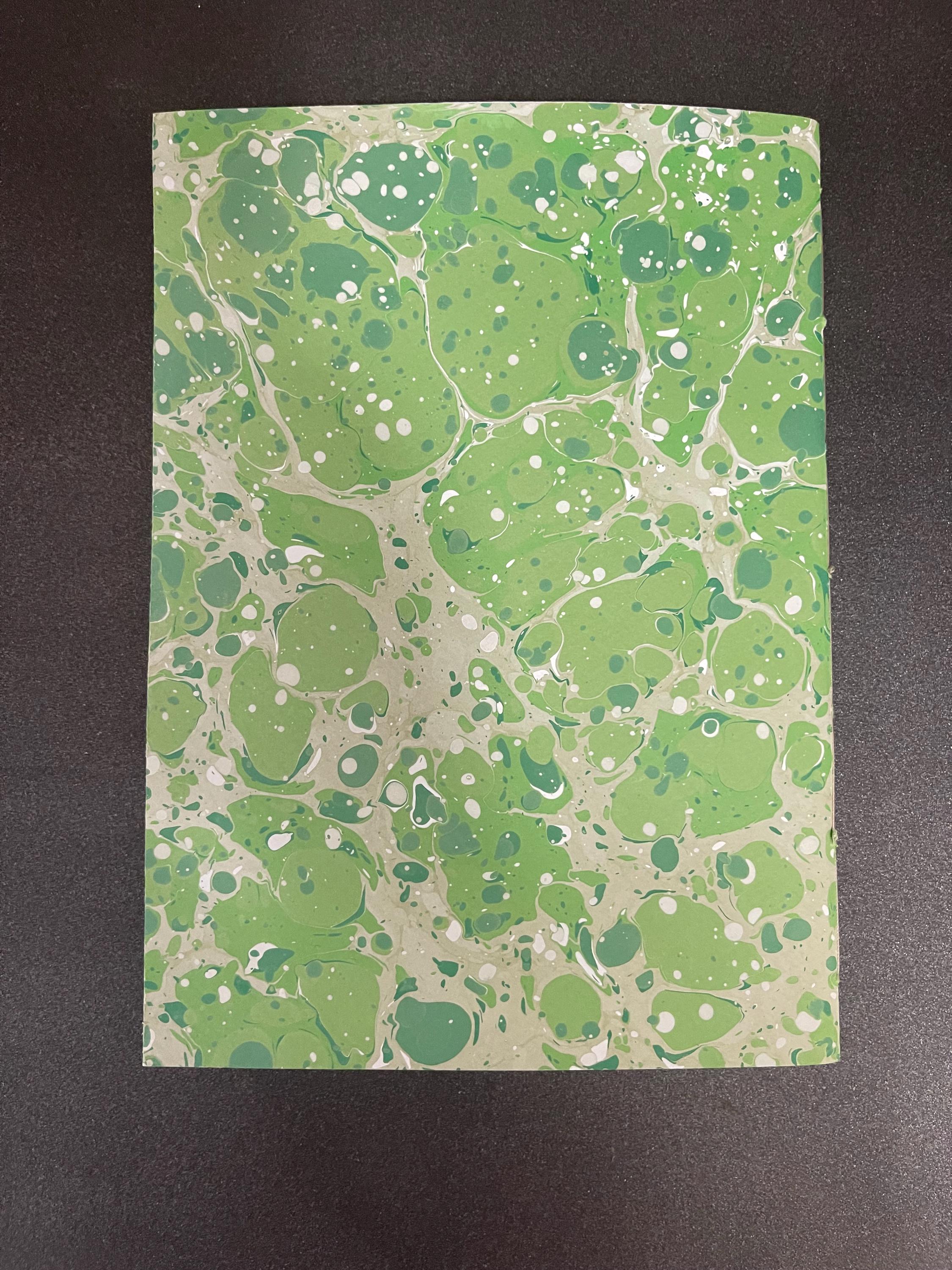 Hand made, hand marbled sketchbook, notebook, journal, softcover in greens, beige and white stone pattern with recycled white plain pages.