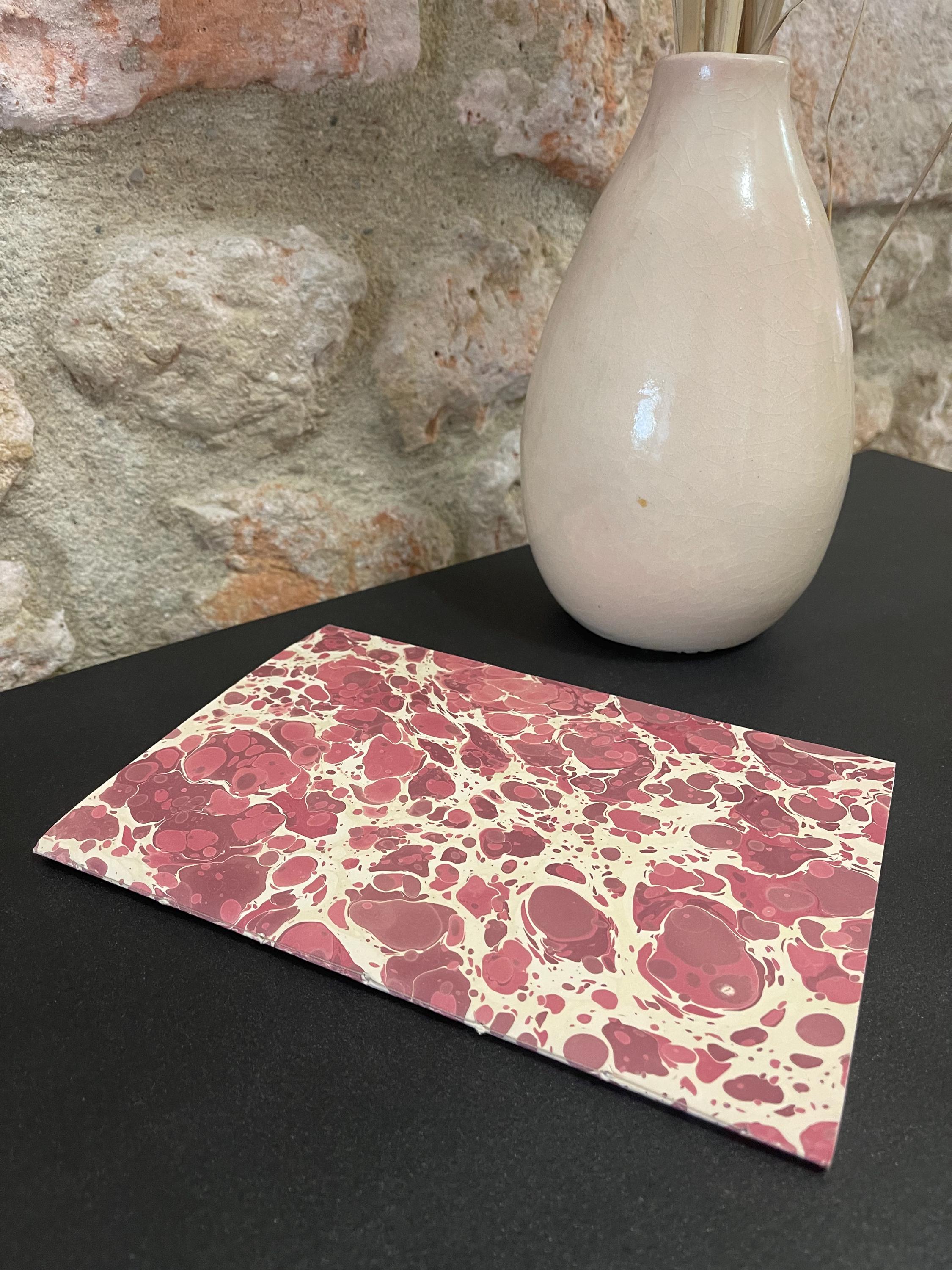 Hand sewn, hand marbled sketchbook, notebook, journal, softcover in cream and burgundy with recycled cream plain pages.