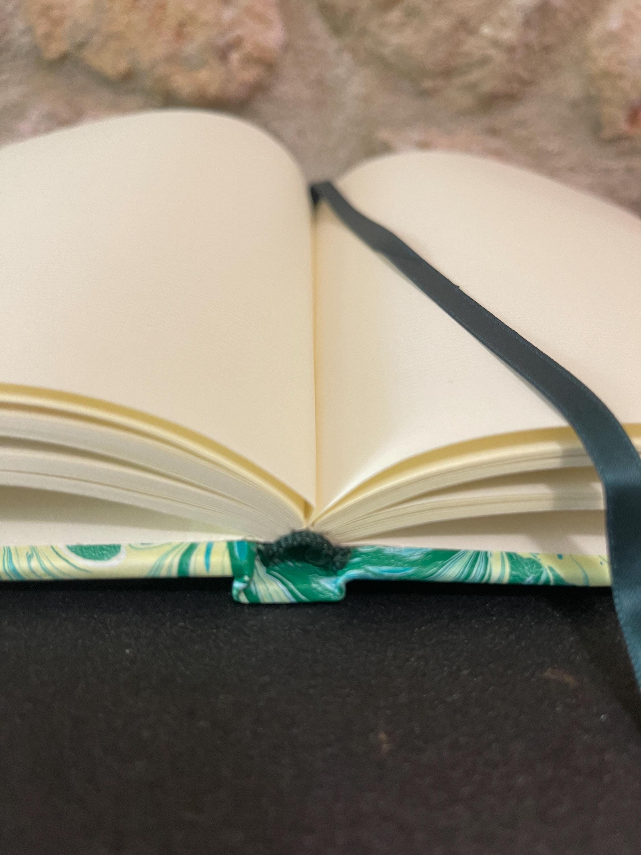 Handmade A5 Sketchbook /Journal in yellow and green flora bouquet pattern with a Hand Marbled Hard Cover - 160 plain pages