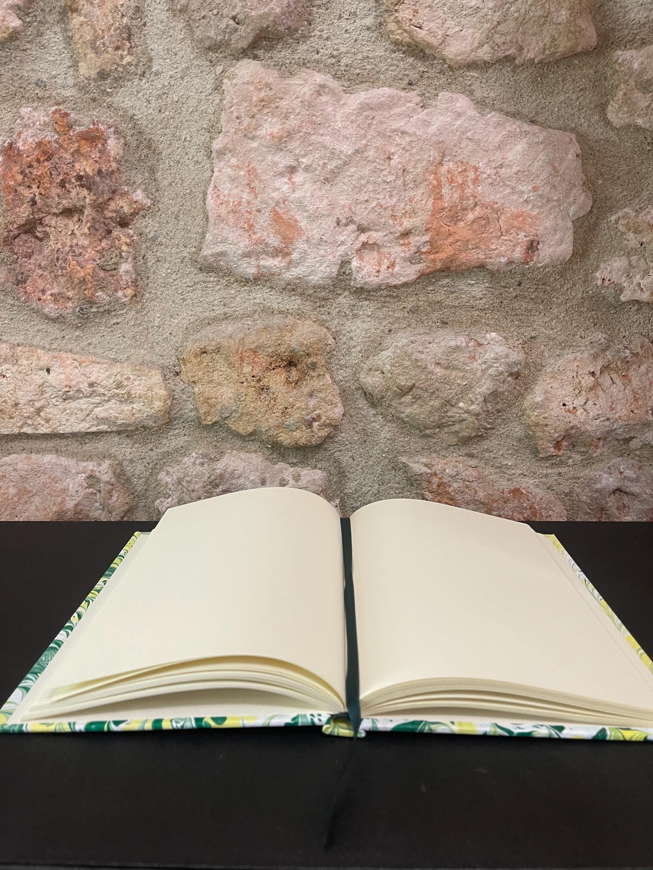 Handmade A5 Sketchbook /Journal in yellow and green organic fern pattern with a Hand Marbled Hard Cover - 160 plain pages