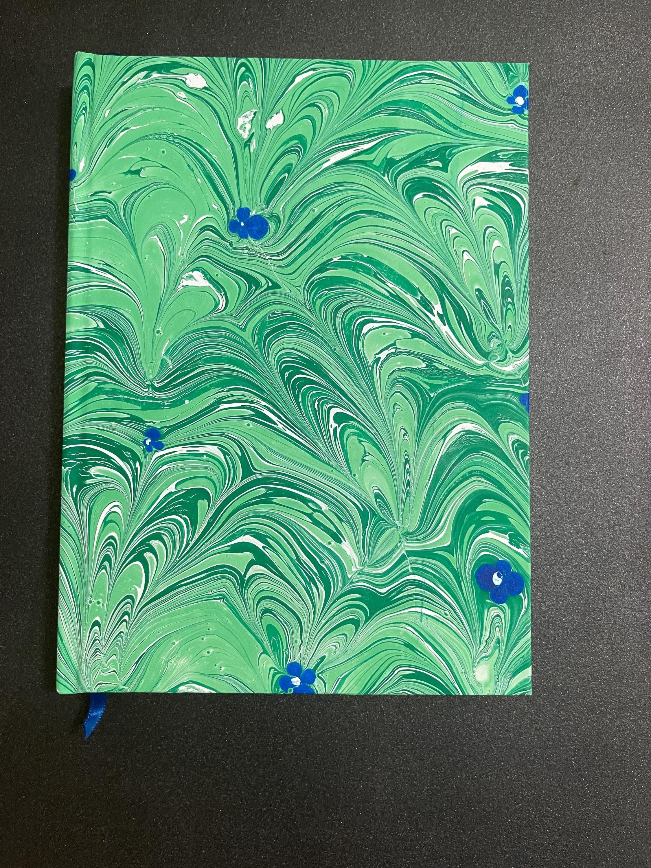 Handmade A5 Sketchbook /Journal in green organic leaf pattern with blue tiny flowers on a Hand Marbled Hard Cover - 160 plain pages