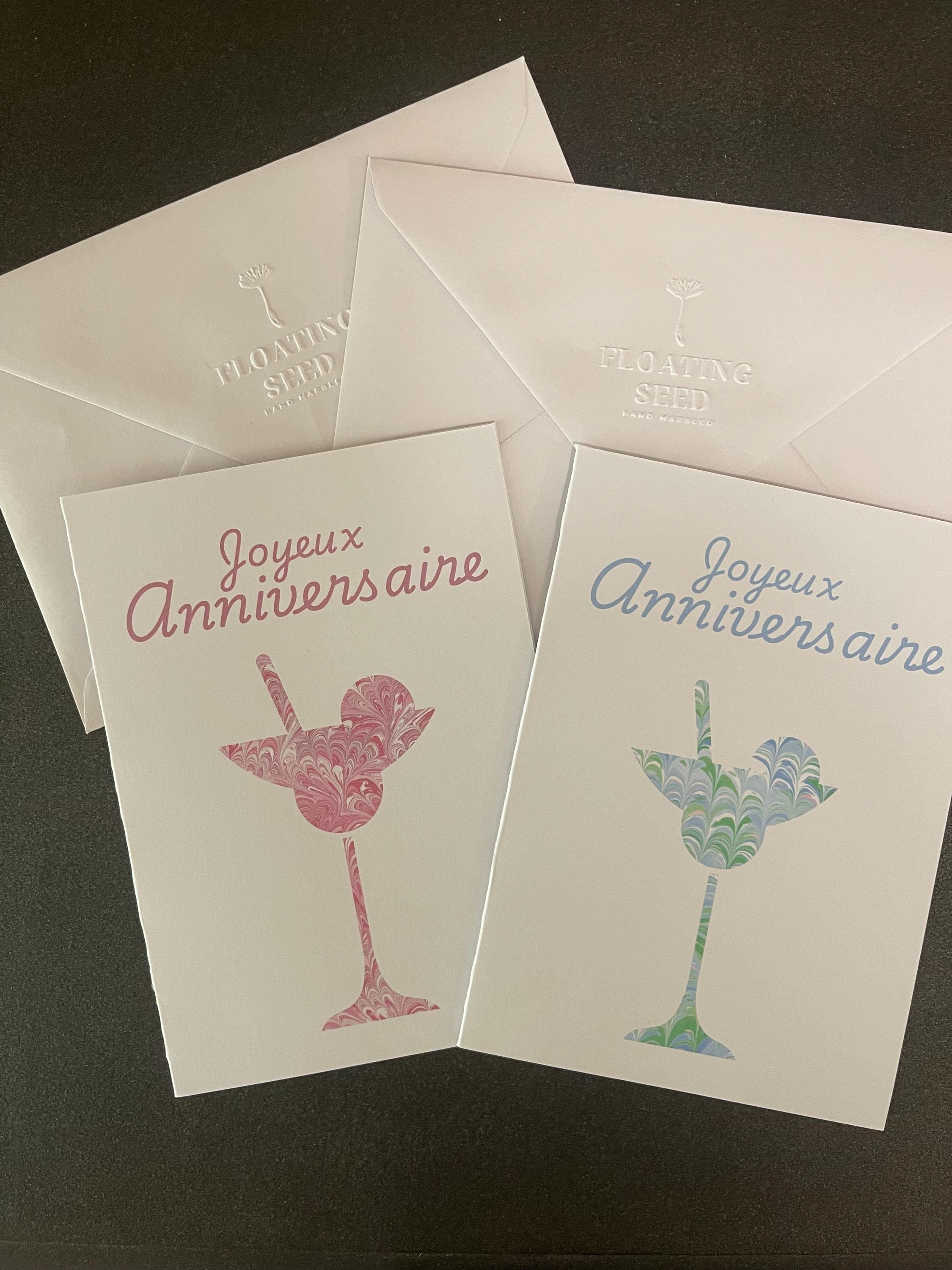 2 Cartes Joyeux Anniversaire Cocktail Printed marbled cards with envelopes, blank inside ideal for your birthday messages