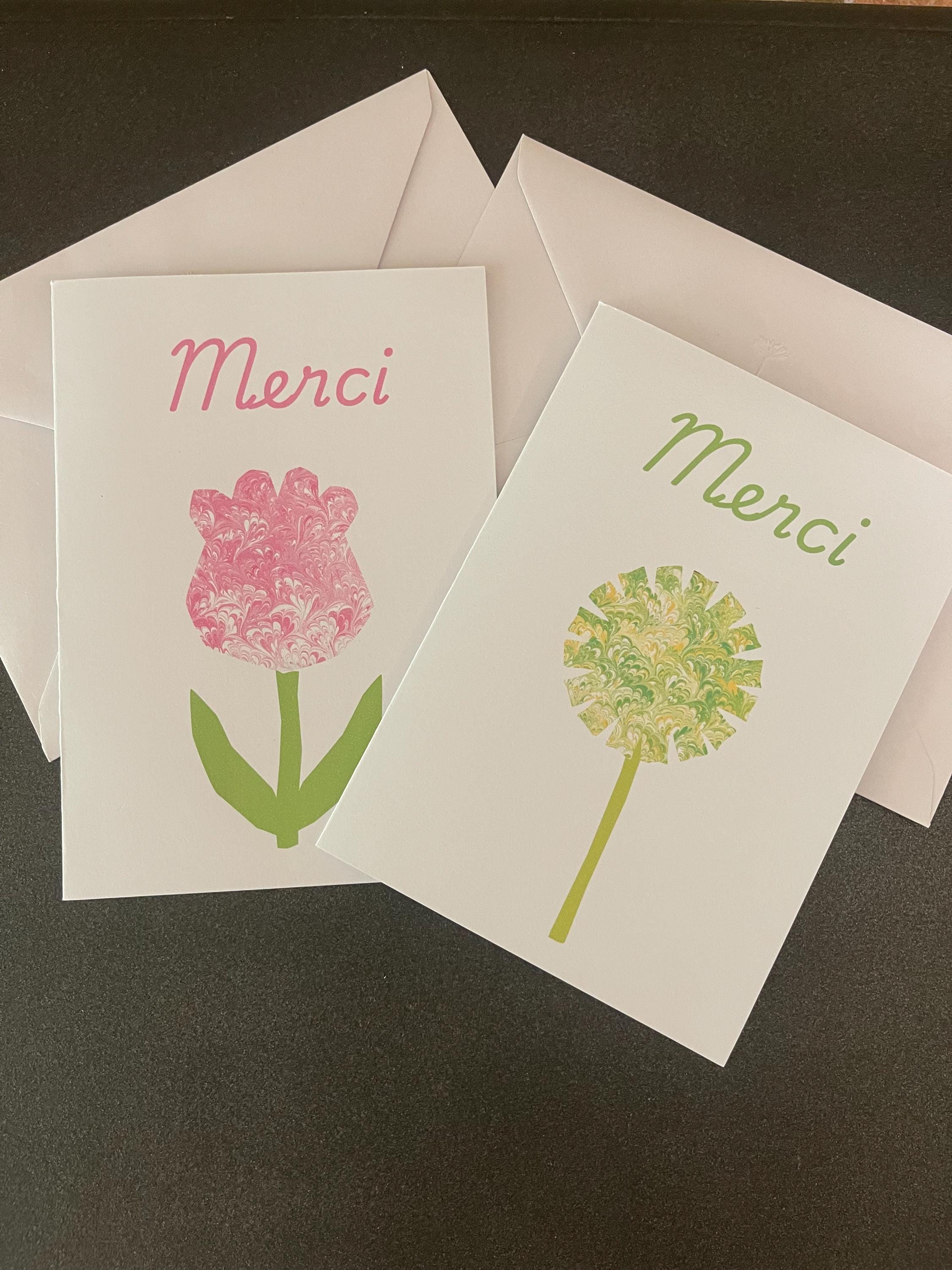 2 Cartes Merci- Printed marbled cards with envelopes, blank inside ideal for your thank you messages