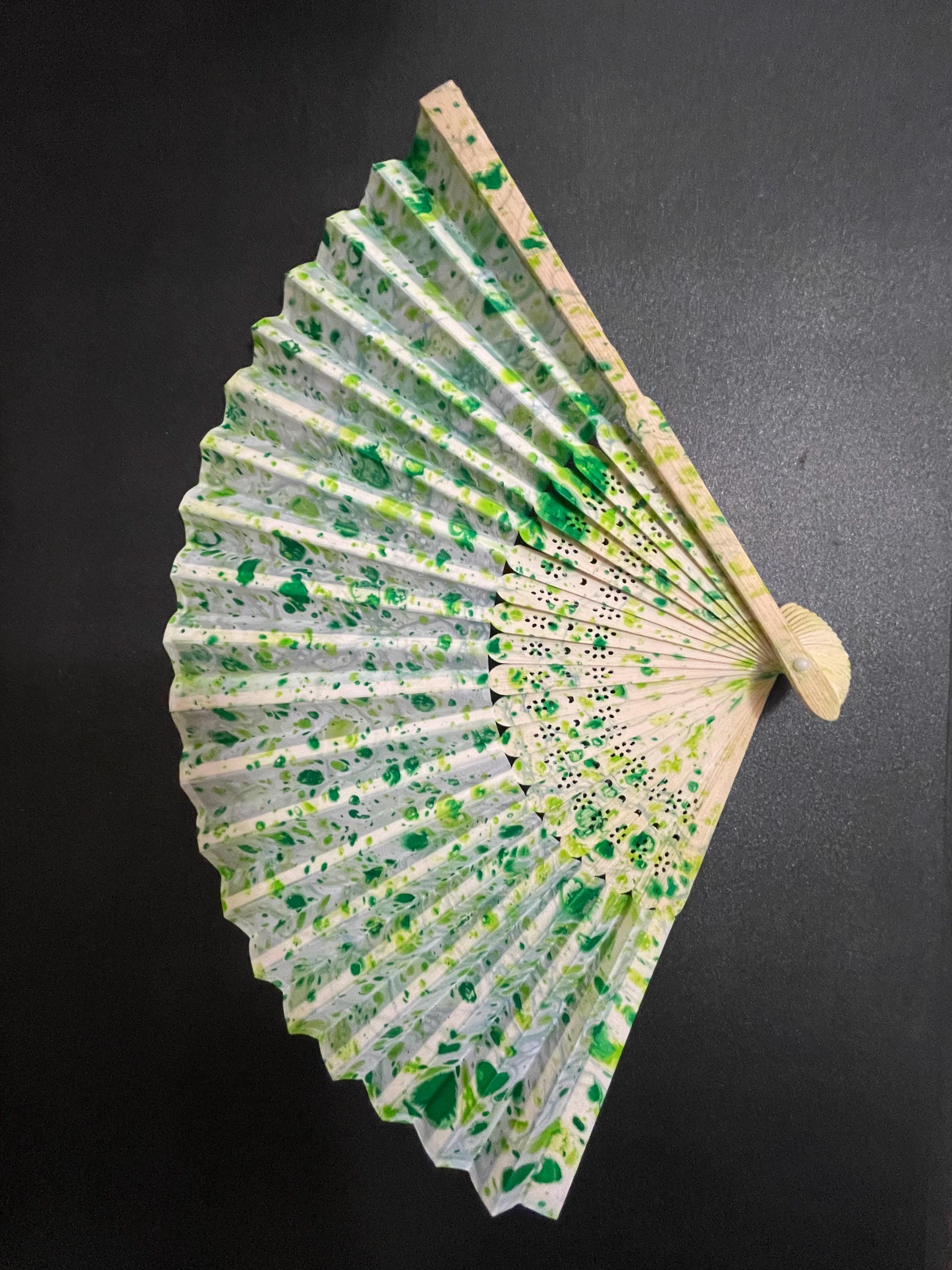 Hand-Marbled Silk Fan – Yellow & Green | One-of-a-Kind Handmade Accessory