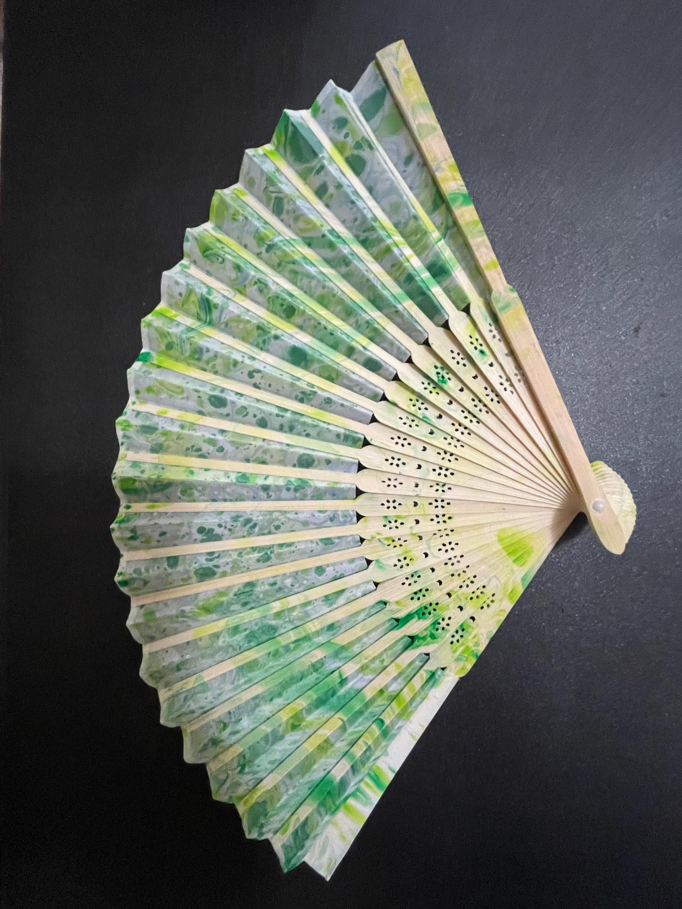 Hand-Marbled Silk Fan – Yellow & Green | One-of-a-Kind Handmade Accessory